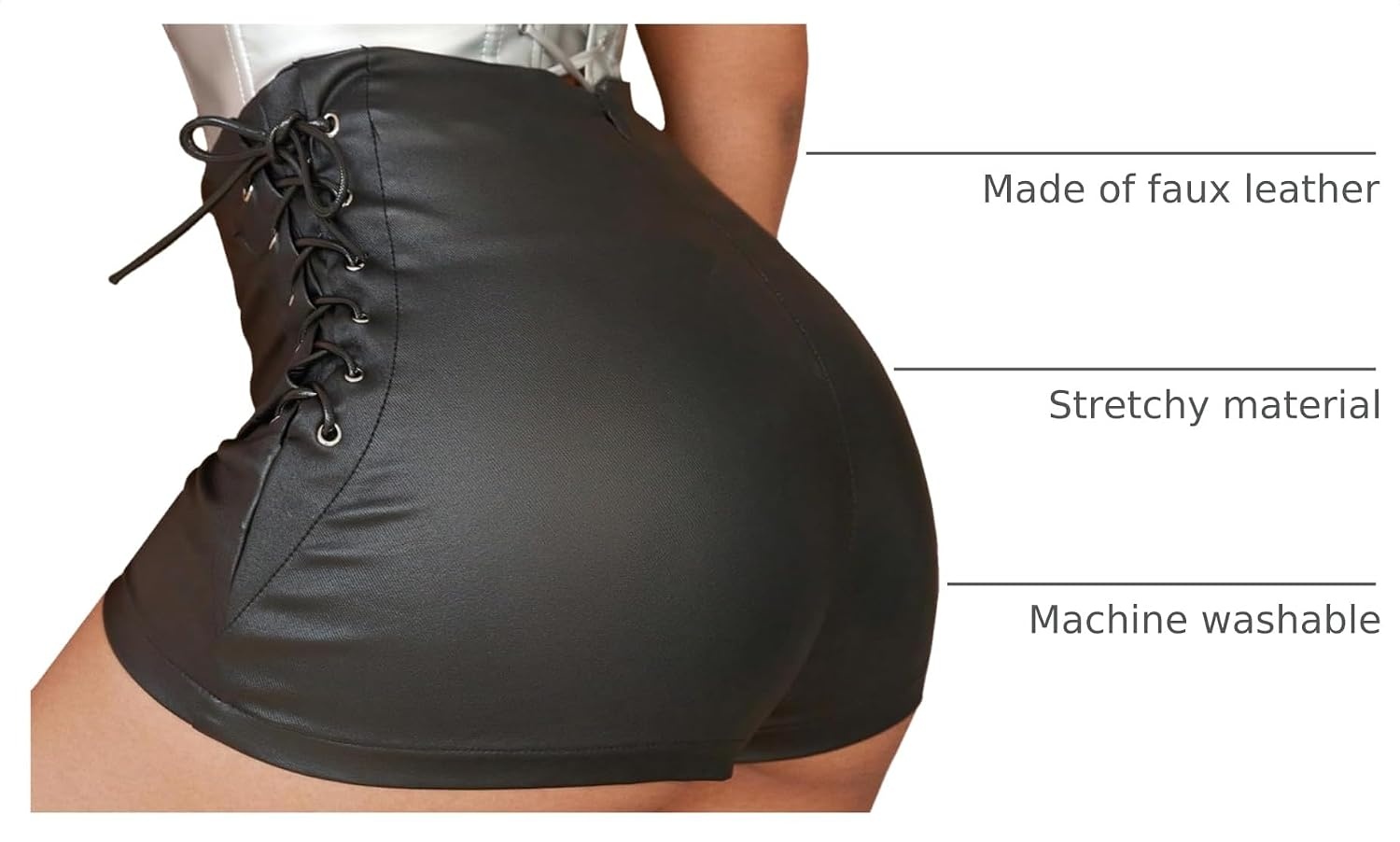 image:imageLeather Shorts for Women High Waisted Lace Up Side Stretchy Sexy Mini Booty Short Y2K Rave Club Party Concert WinterBlack