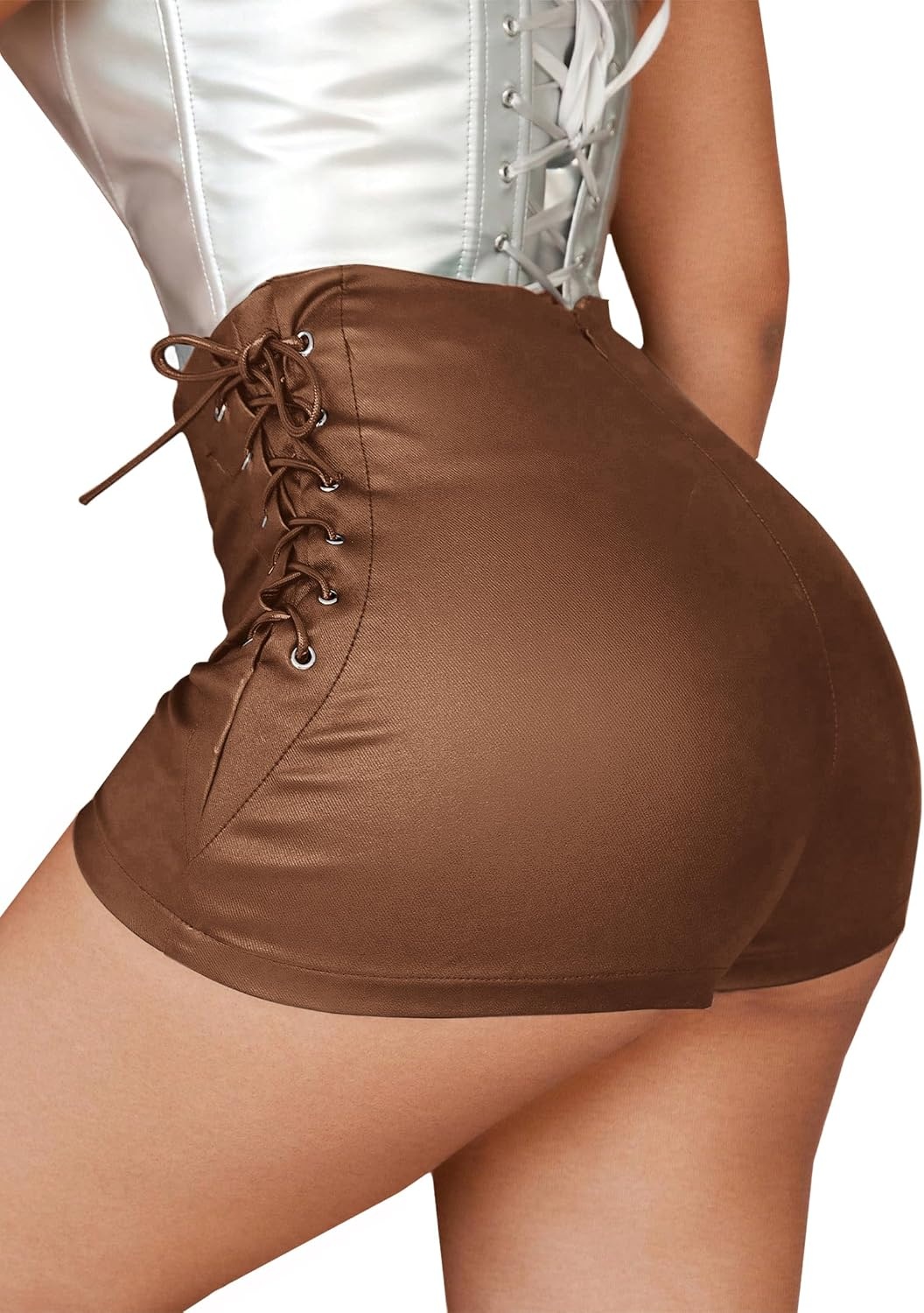 image:imageLeather Shorts for Women High Waisted Lace Up Side Stretchy Sexy Mini Booty Short Y2K Rave Club Party Concert WinterBrown