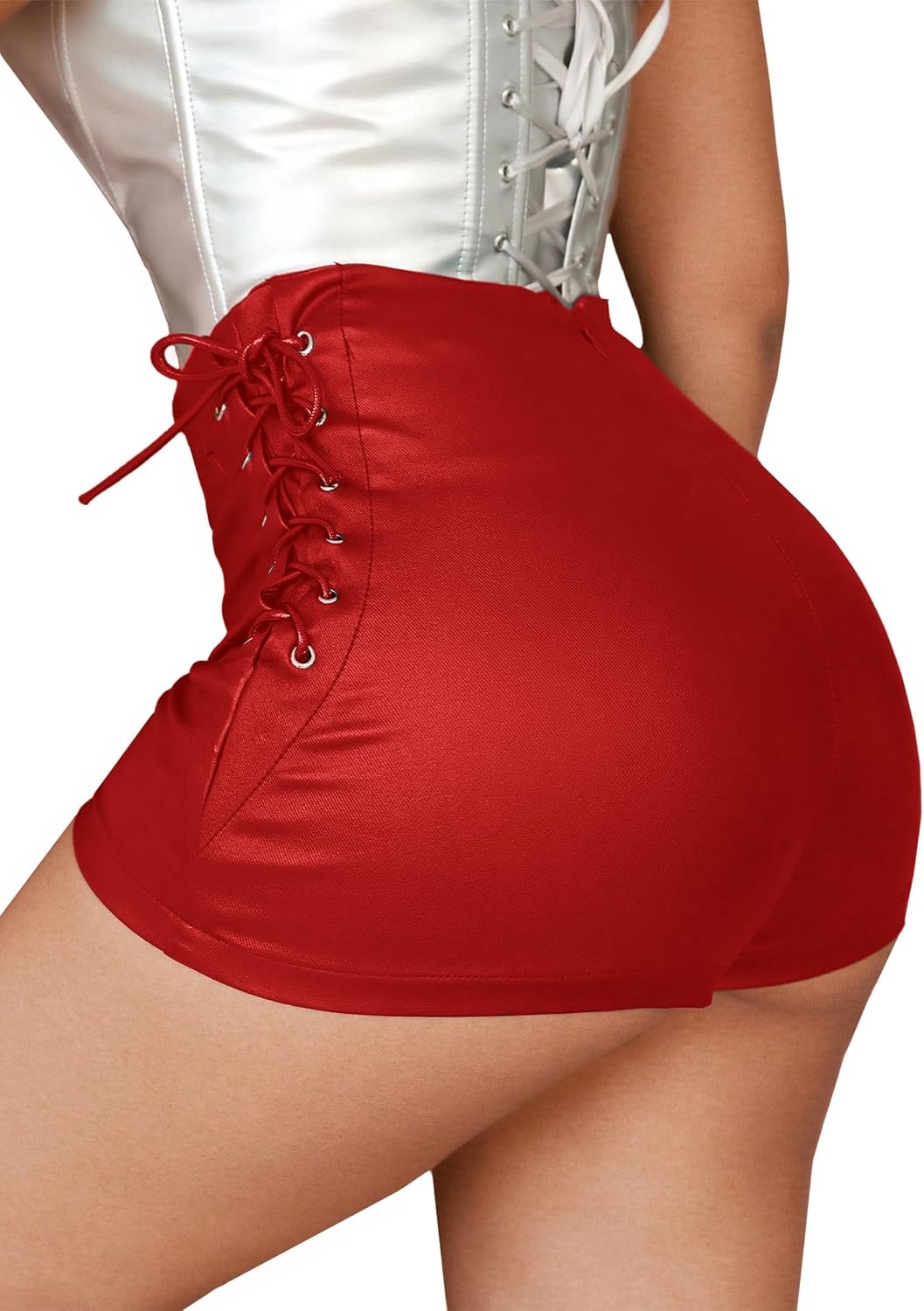 image:imageLeather Shorts for Women High Waisted Lace Up Side Stretchy Sexy Mini Booty Short Y2K Rave Club Party Concert WinterRed
