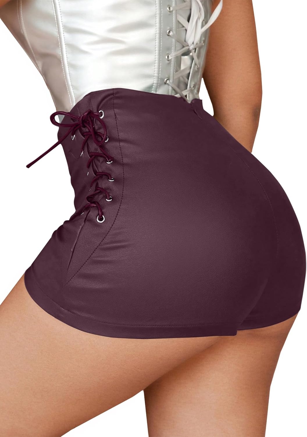 image:imageLeather Shorts for Women High Waisted Lace Up Side Stretchy Sexy Mini Booty Short Y2K Rave Club Party Concert WinterRust Red
