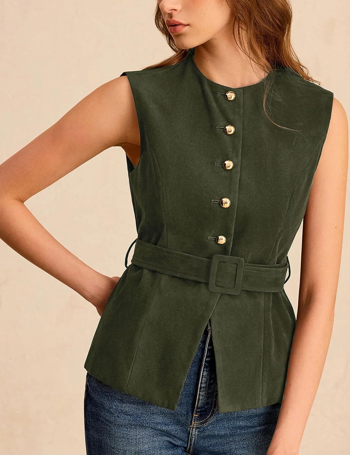 image:imageLentta Womens Suede Vest Crew Neck Sleeveless Button Down Dressy Suit with BeltArmygreen