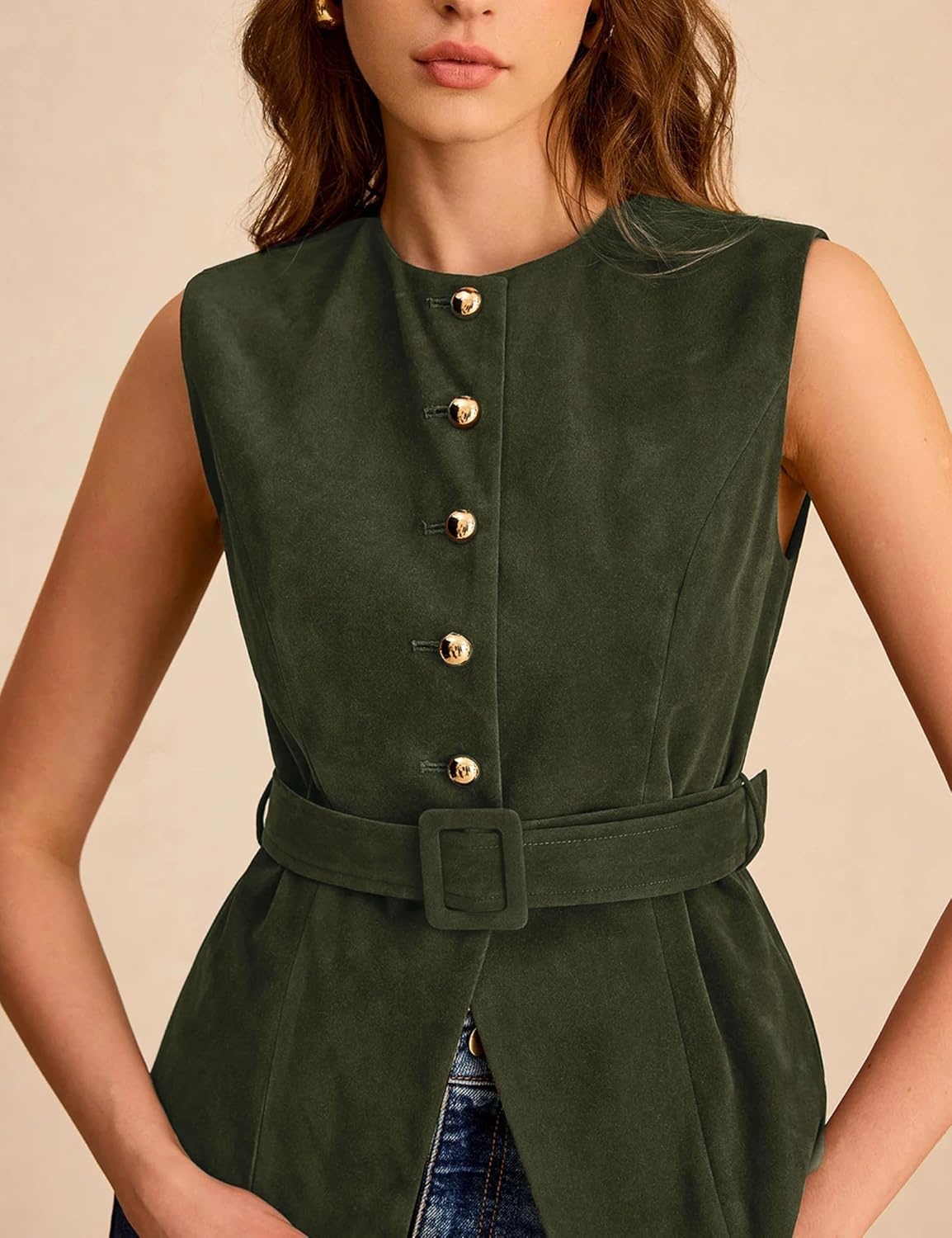 image:imageLentta Womens Suede Vest Crew Neck Sleeveless Button Down Dressy Suit with BeltArmygreen