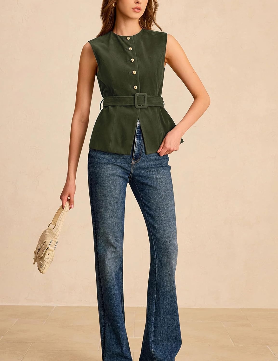 image:imageLentta Womens Suede Vest Crew Neck Sleeveless Button Down Dressy Suit with BeltArmygreen