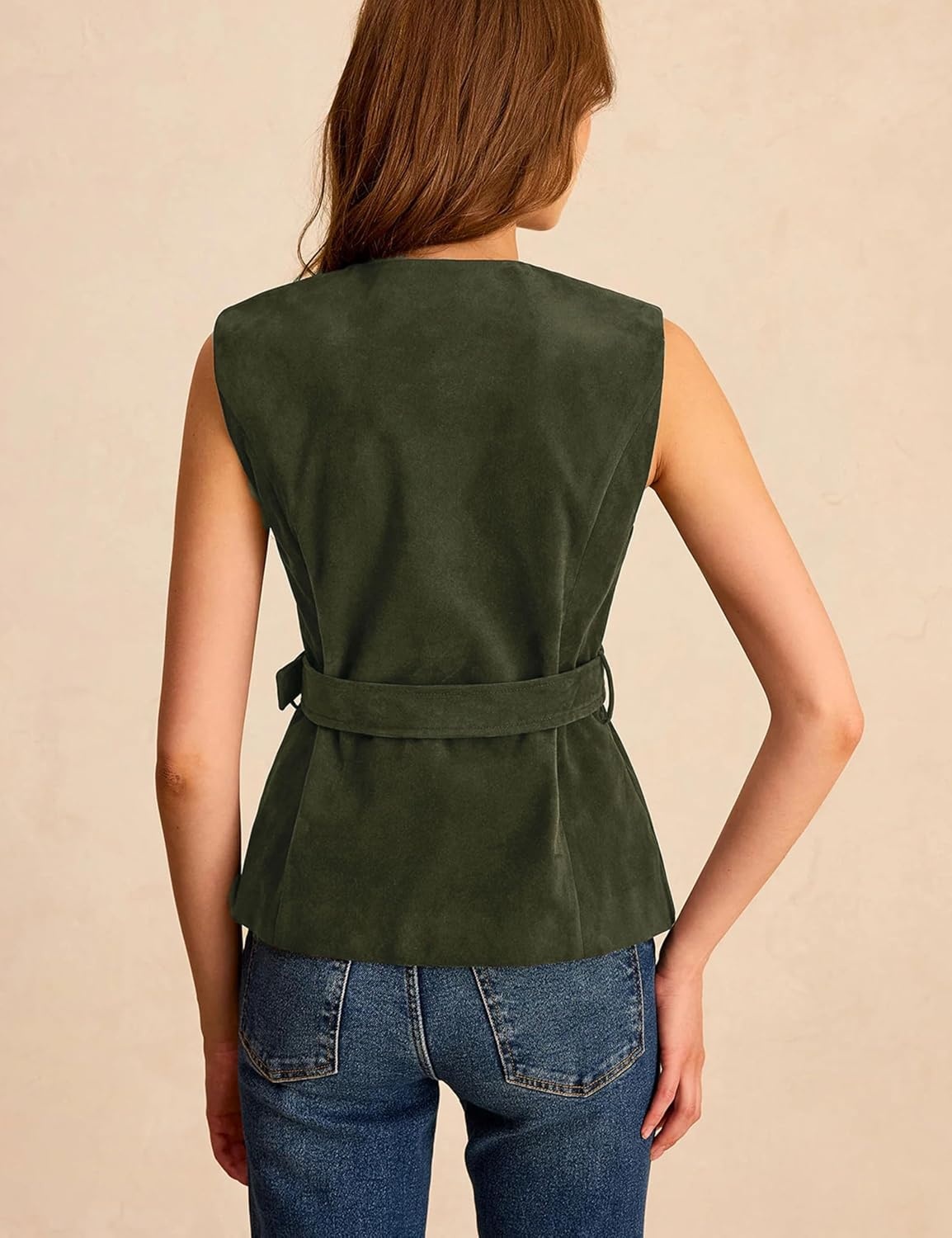 image:imageLentta Womens Suede Vest Crew Neck Sleeveless Button Down Dressy Suit with BeltArmygreen