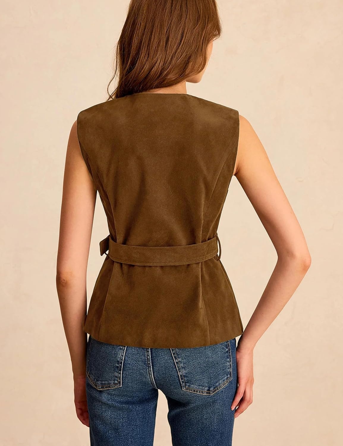image:imageLentta Womens Suede Vest Crew Neck Sleeveless Button Down Dressy Suit with BeltBrown
