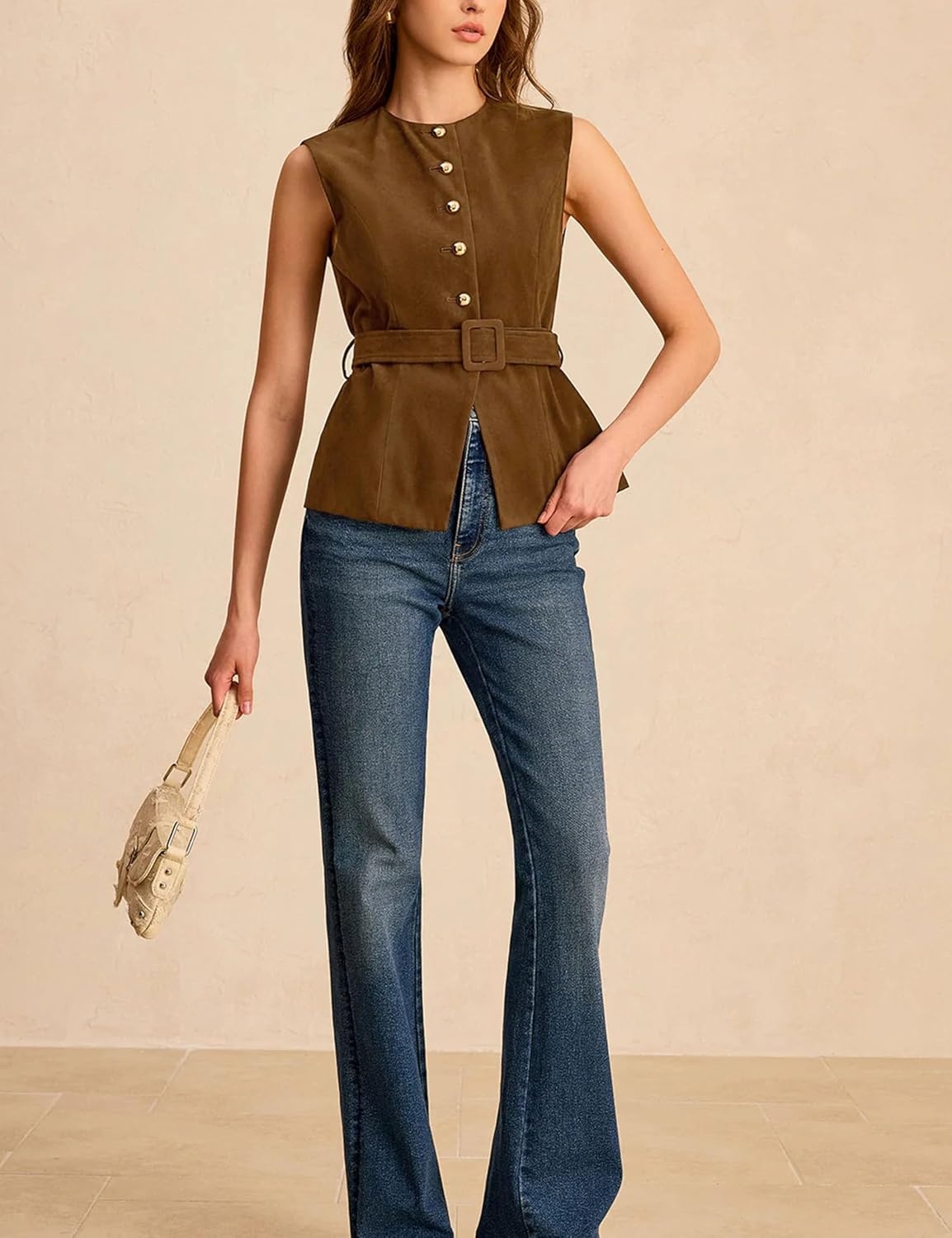 image:imageLentta Womens Suede Vest Crew Neck Sleeveless Button Down Dressy Suit with BeltBrown