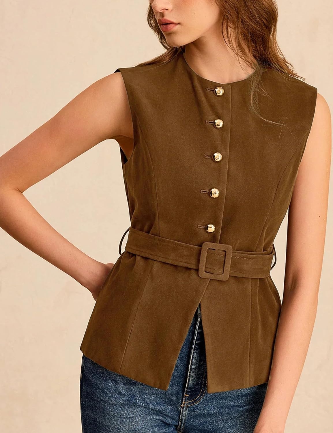 image:imageLentta Womens Suede Vest Crew Neck Sleeveless Button Down Dressy Suit with BeltBrown