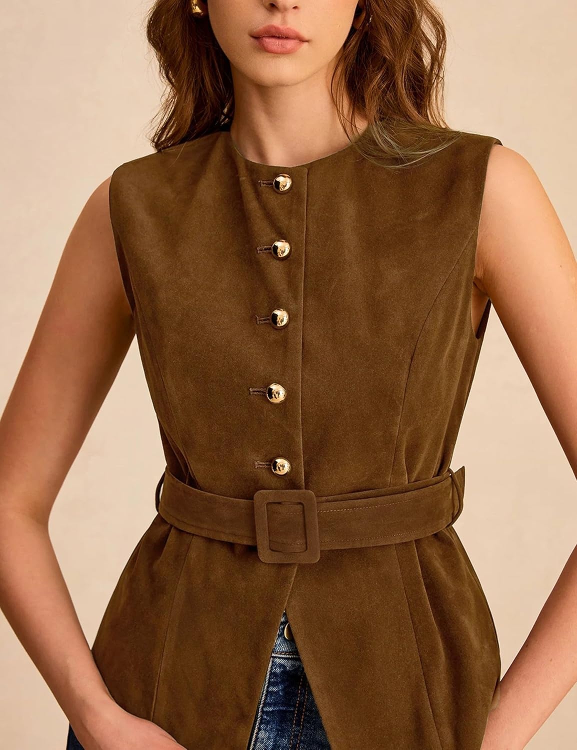 image:imageLentta Womens Suede Vest Crew Neck Sleeveless Button Down Dressy Suit with BeltBrown