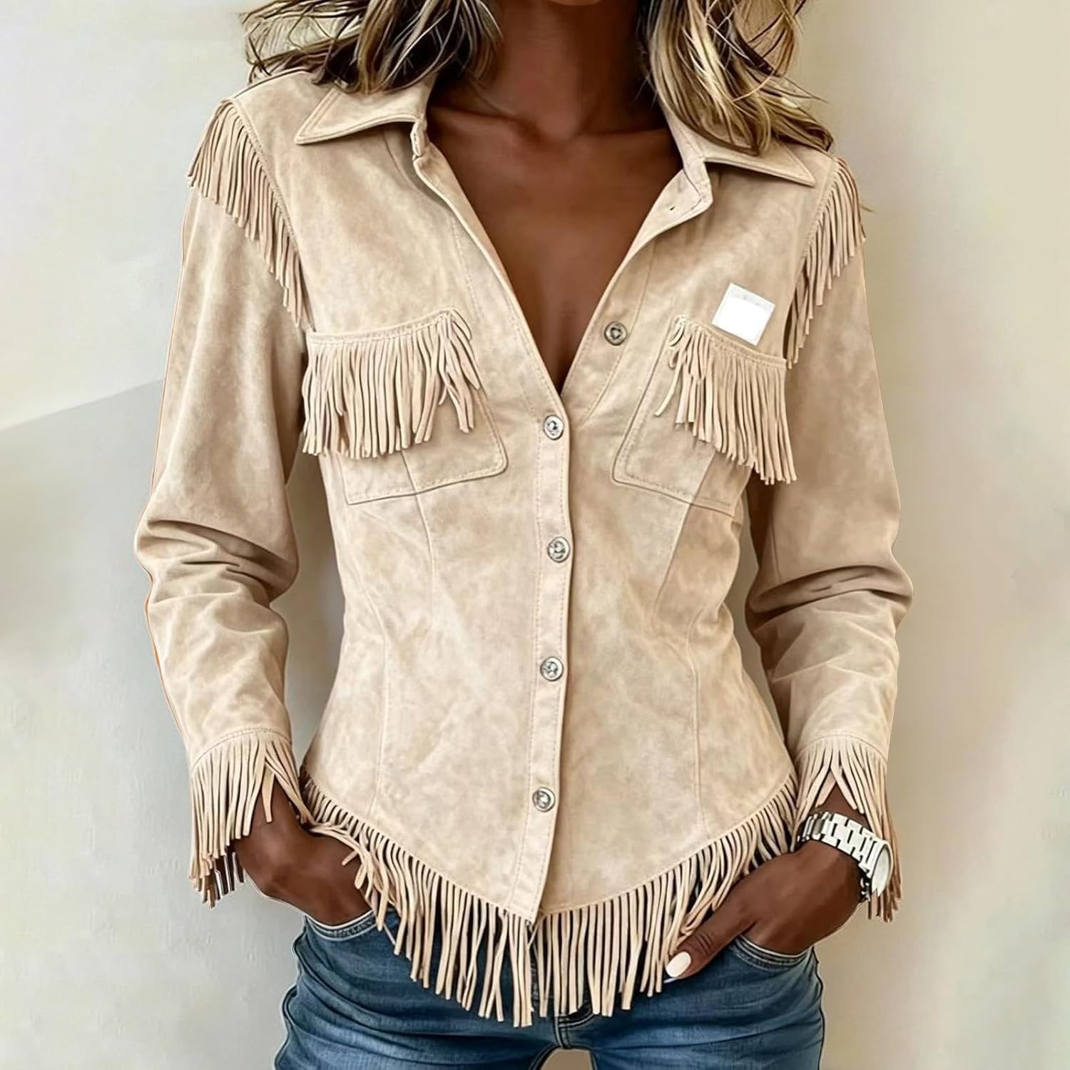 image:imageNantdog Boho Jackets for Women Western Fringe Shacket Suede Barn JacketsBeige