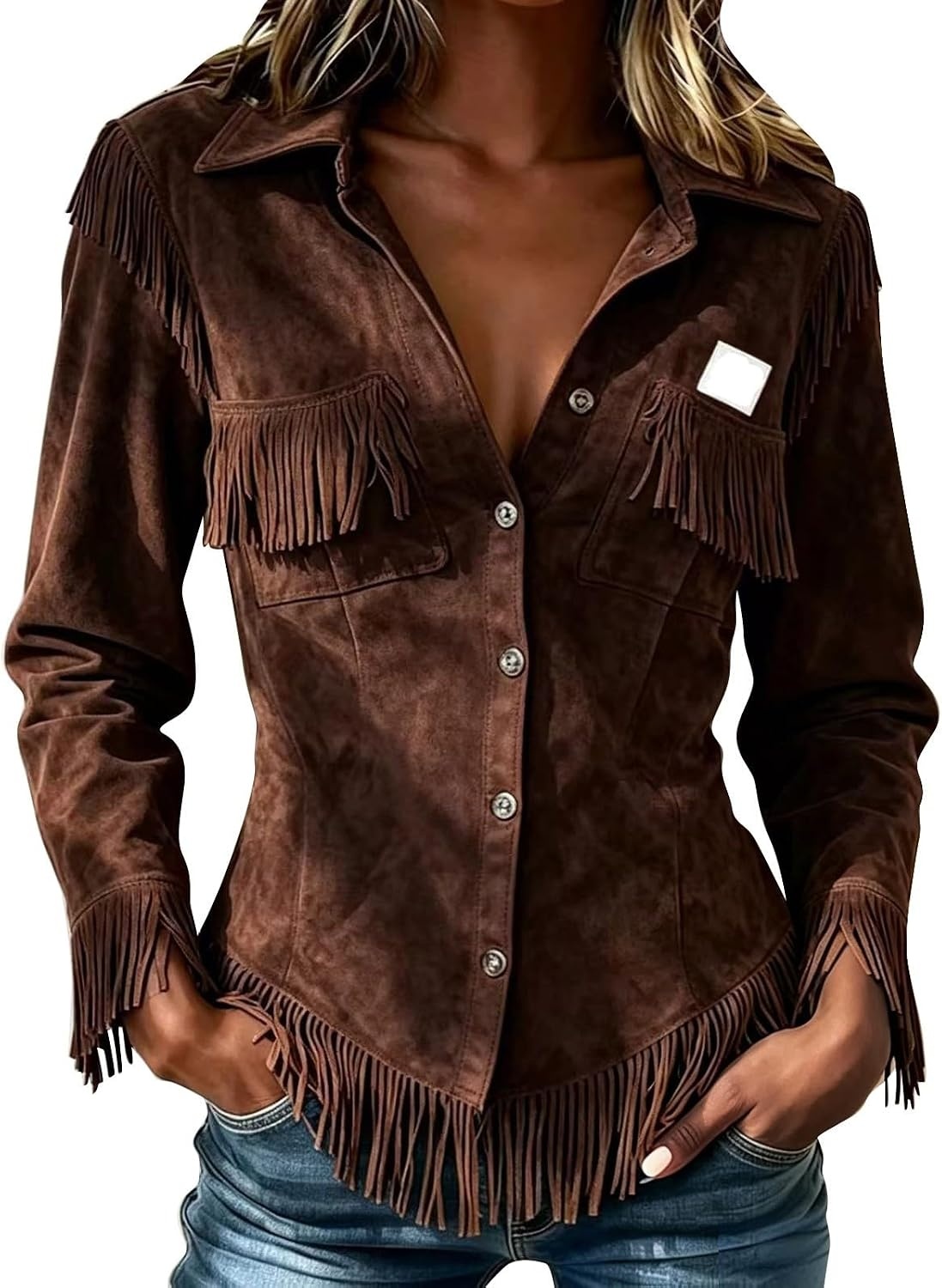image:imageNantdog Boho Jackets for Women Western Fringe Shacket Suede Barn JacketsBrown