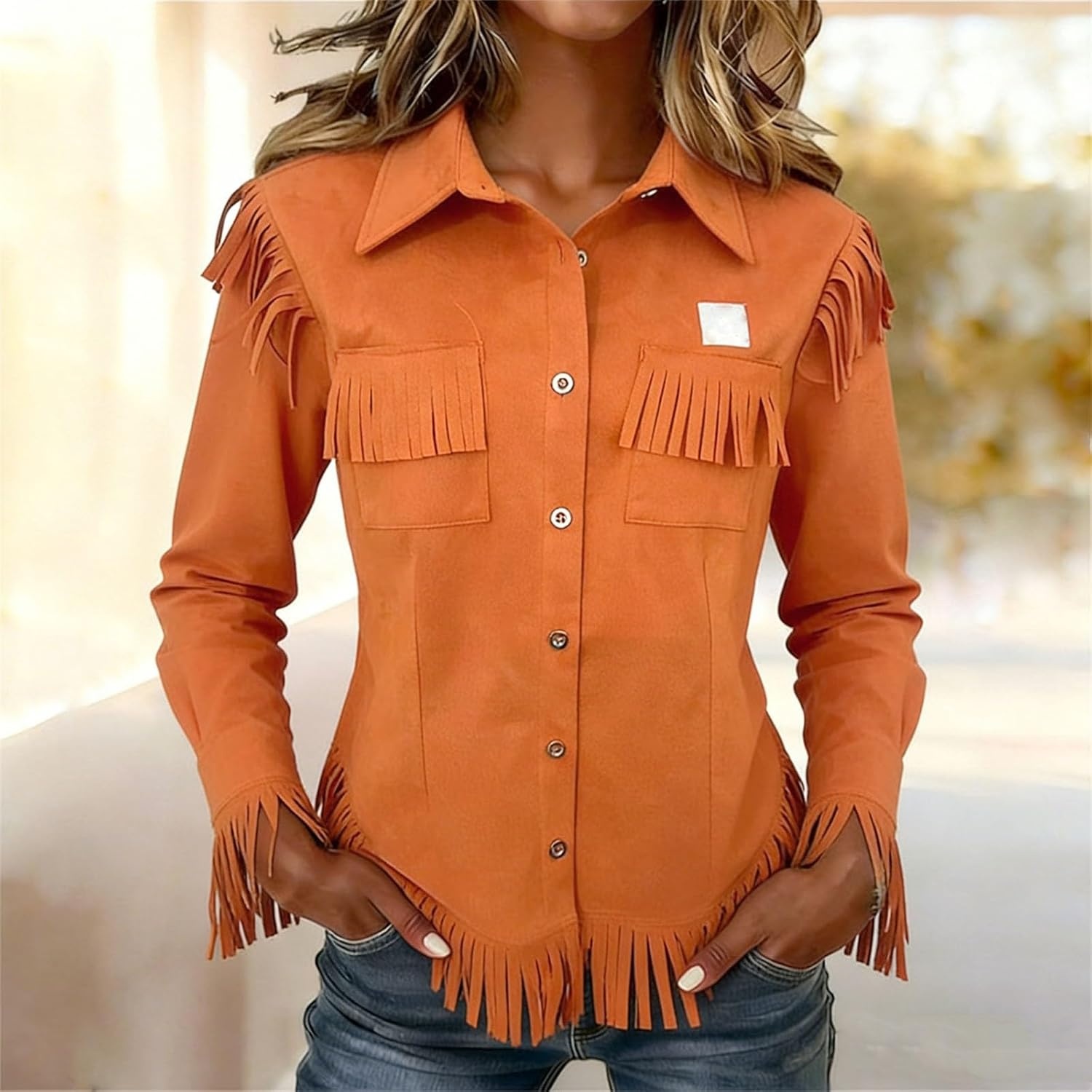 image:imageNantdog Boho Jackets for Women Western Fringe Shacket Suede Barn JacketsOrange