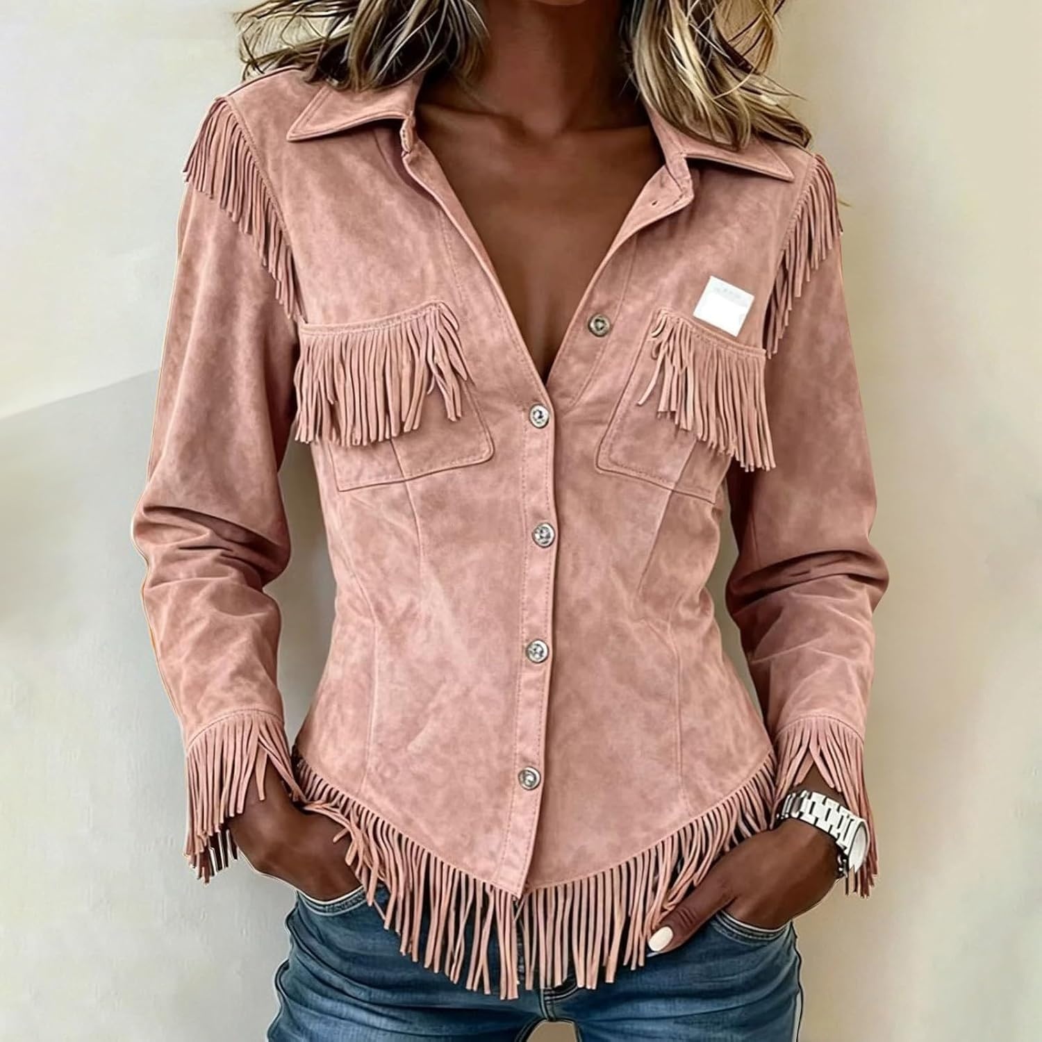 image:imageNantdog Boho Jackets for Women Western Fringe Shacket Suede Barn JacketsPink