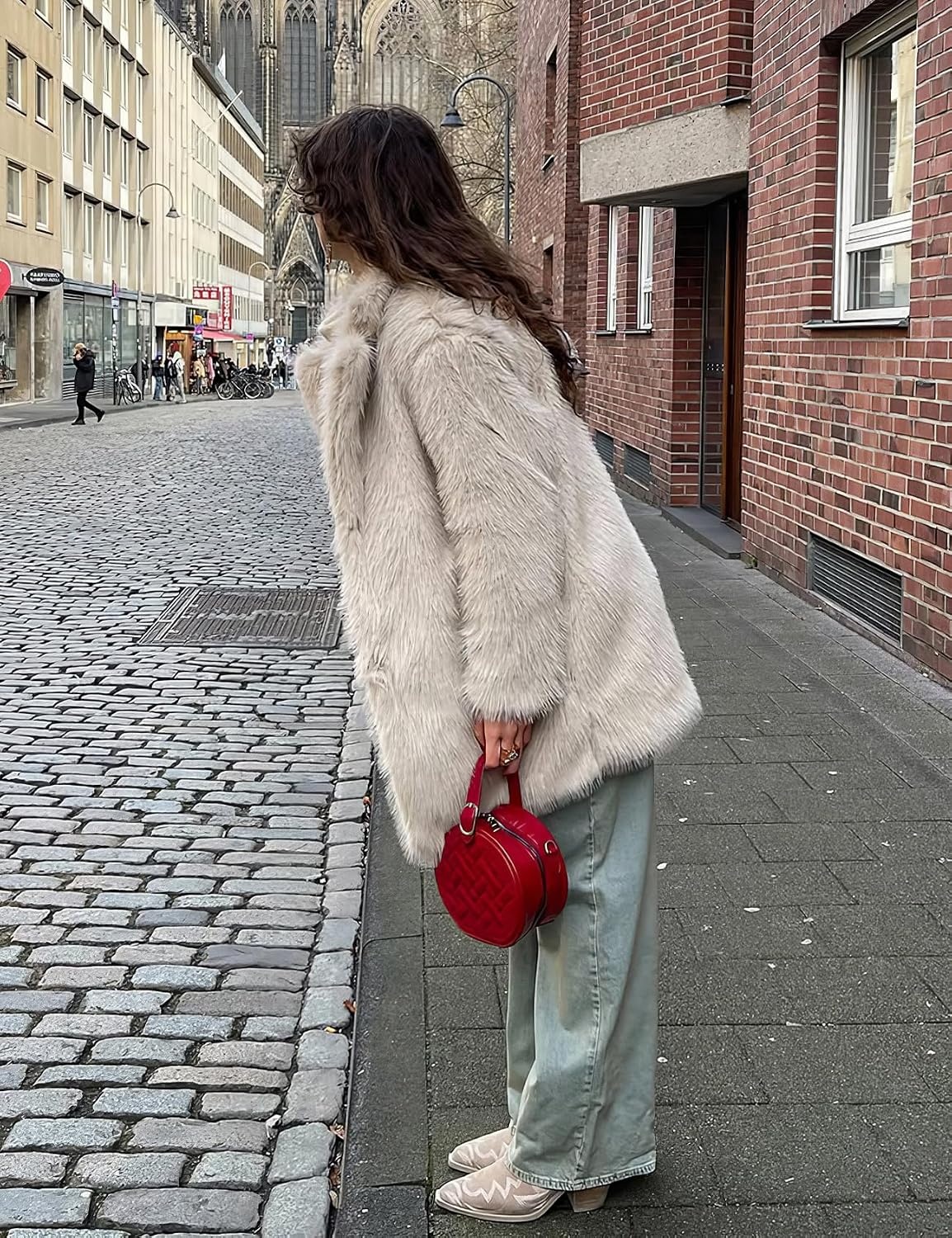 image:imagePEHMEA Womens Faux Fur Coat Winter Warm Fuzzy Belted Lapel Party JacketBeige