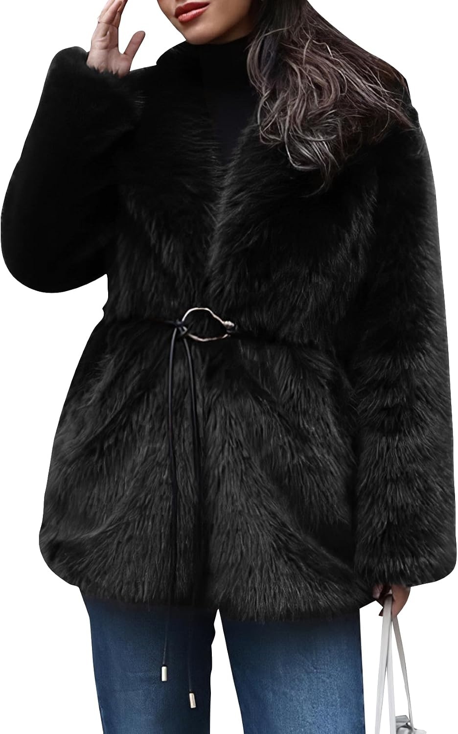 image:imagePEHMEA Womens Faux Fur Coat Winter Warm Fuzzy Belted Lapel Party JacketBlack