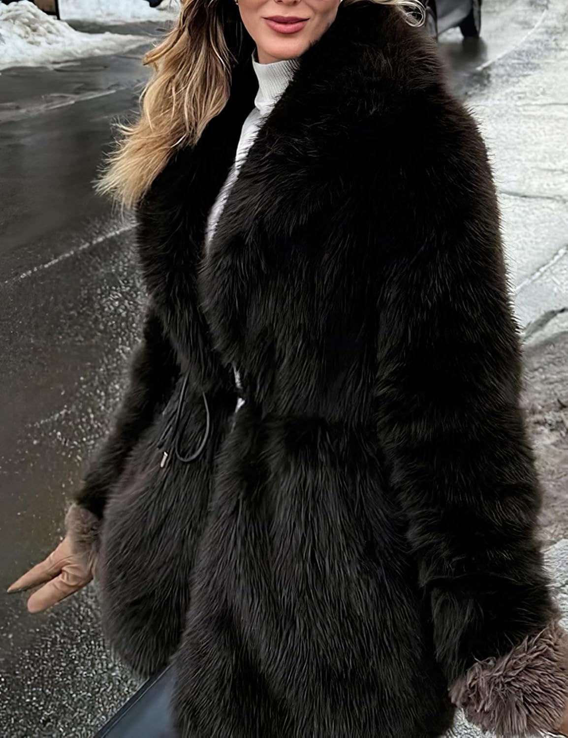 image:imagePEHMEA Womens Faux Fur Coat Winter Warm Fuzzy Belted Lapel Party JacketBlack
