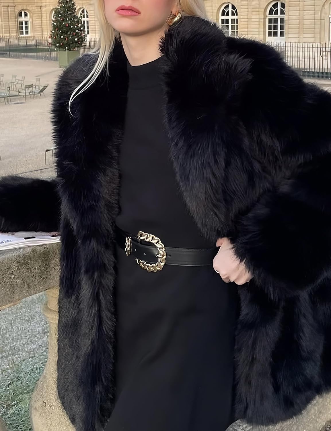 image:imagePEHMEA Womens Faux Fur Coat Winter Warm Fuzzy Belted Lapel Party JacketBlack
