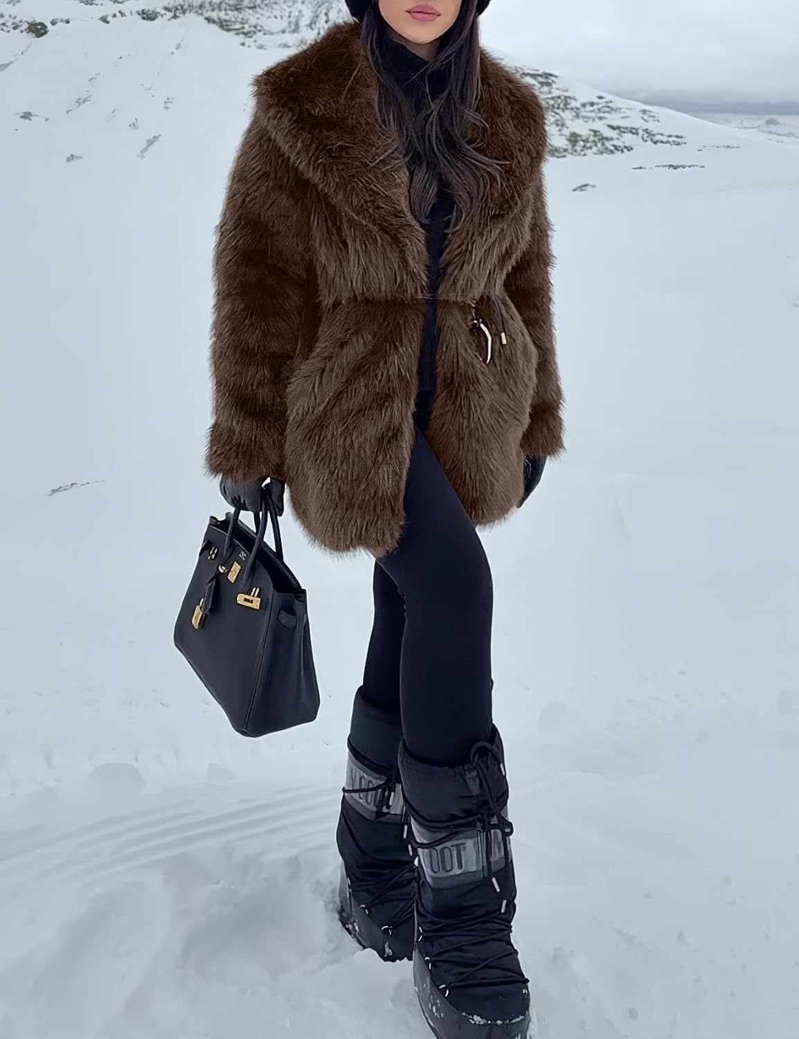 image:imagePEHMEA Womens Faux Fur Coat Winter Warm Fuzzy Belted Lapel Party JacketBrown