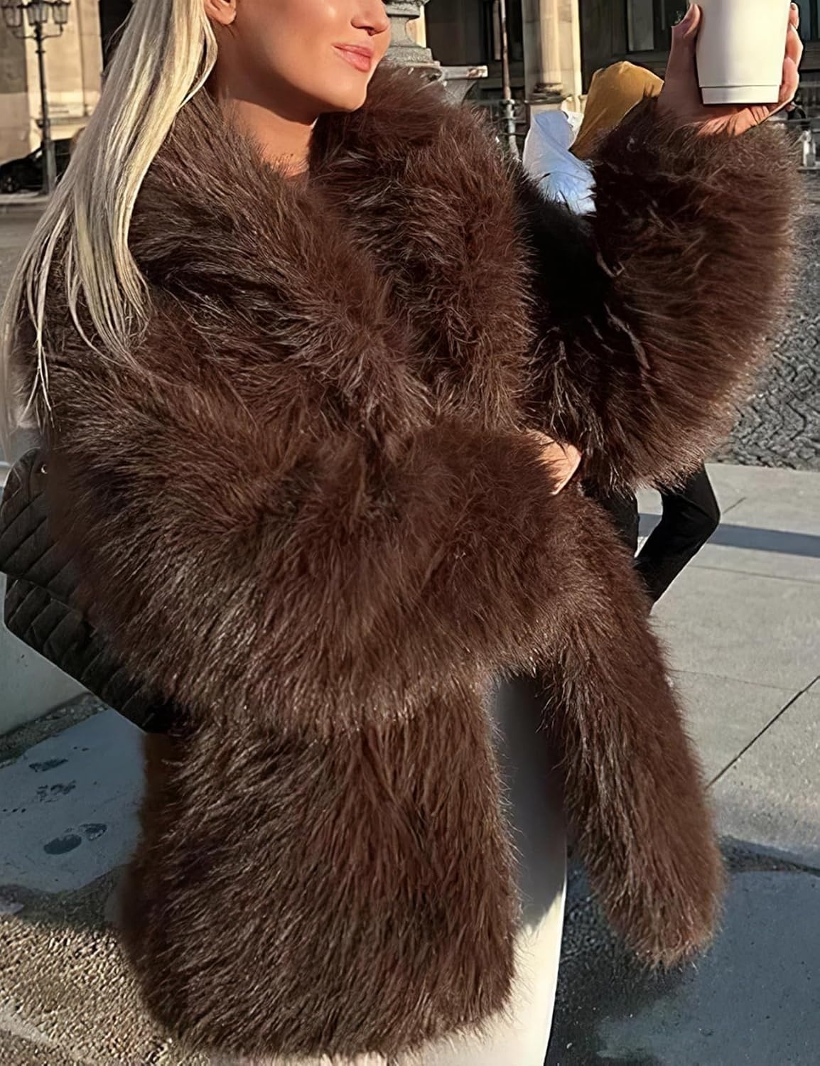 image:imagePEHMEA Womens Faux Fur Coat Winter Warm Fuzzy Belted Lapel Party JacketBrown