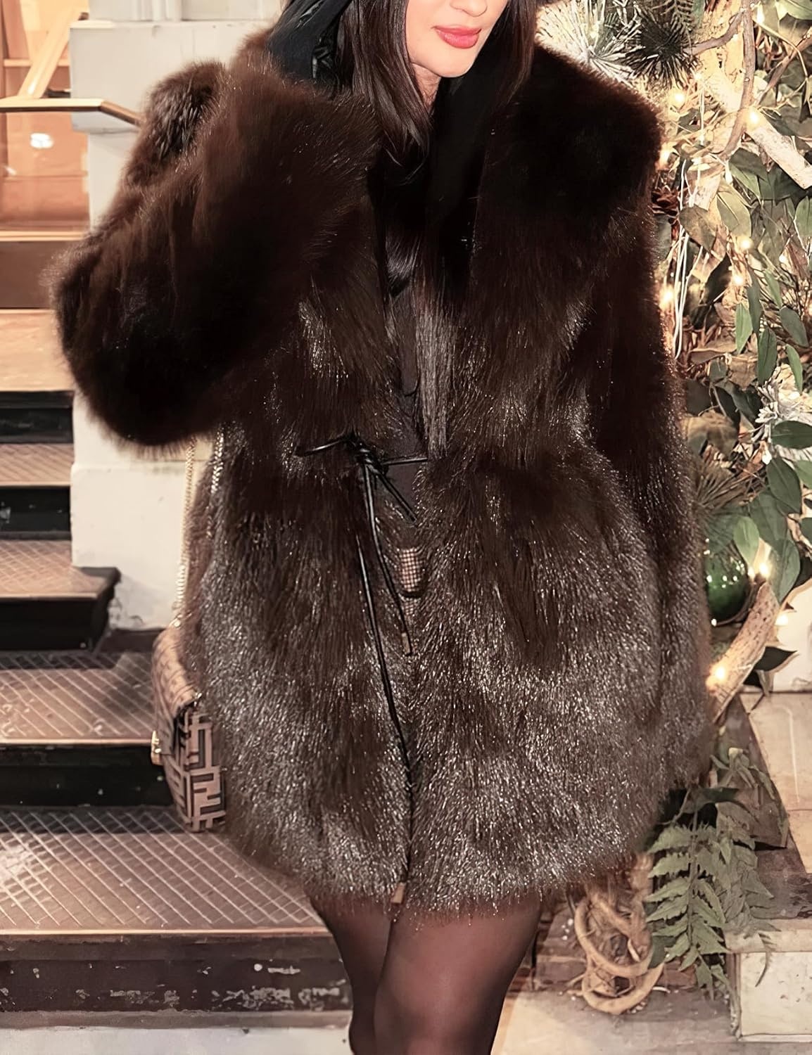 image:imagePEHMEA Womens Faux Fur Coat Winter Warm Fuzzy Belted Lapel Party JacketBrown