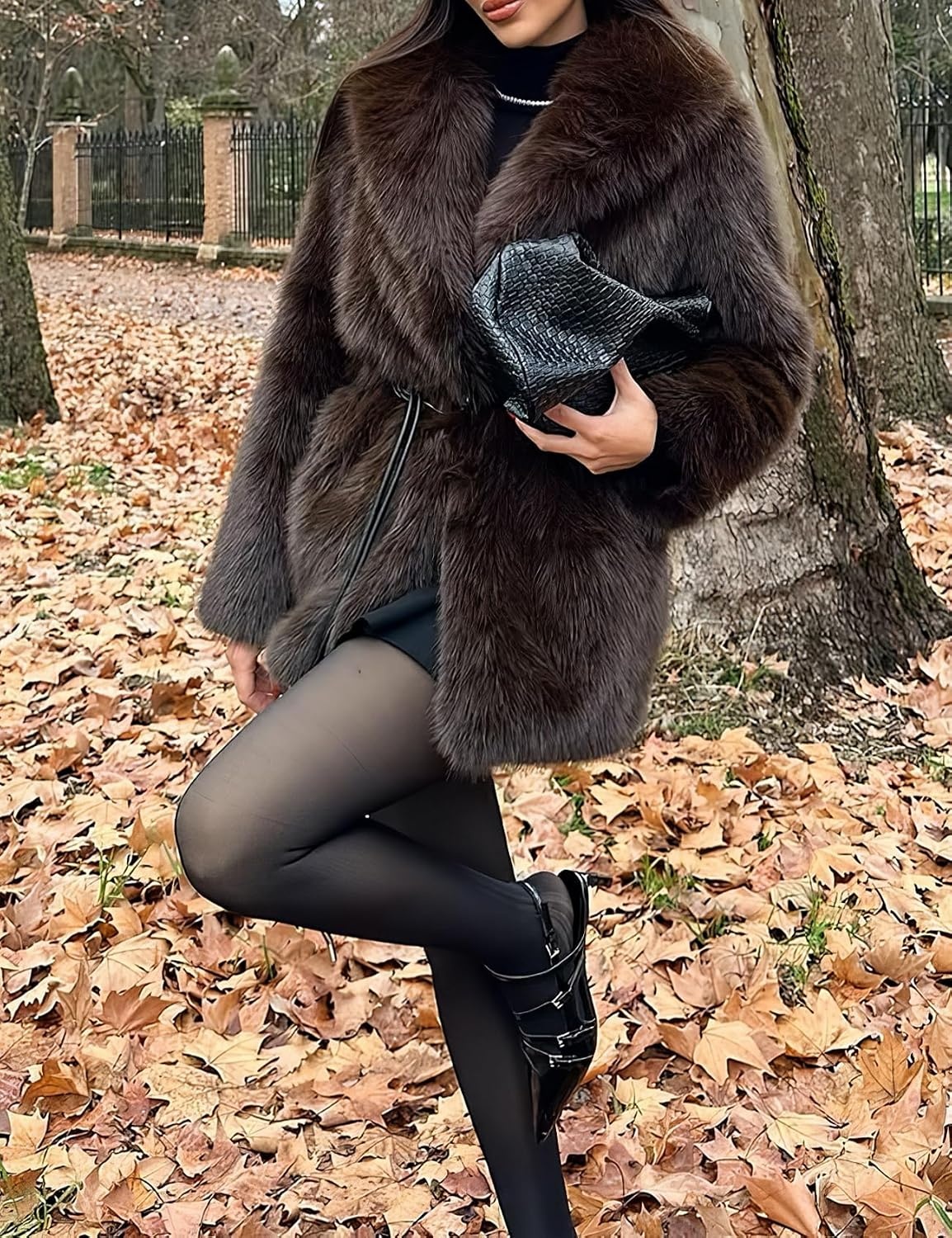 image:imagePEHMEA Womens Faux Fur Coat Winter Warm Fuzzy Belted Lapel Party JacketBrown