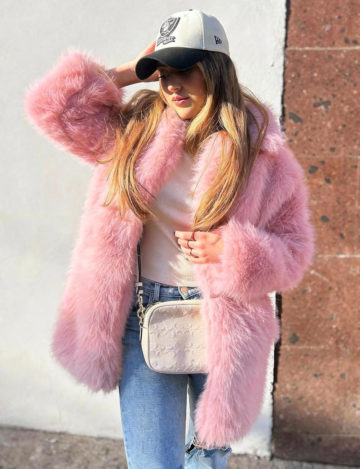 image:imagePEHMEA Womens Faux Fur Coat Winter Warm Fuzzy Belted Lapel Party JacketPink