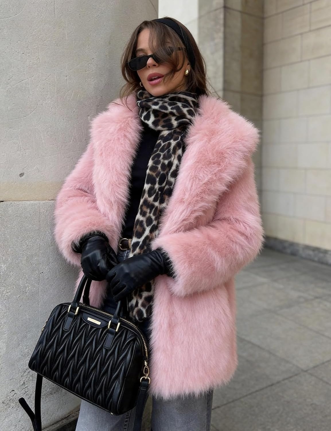 image:imagePEHMEA Womens Faux Fur Coat Winter Warm Fuzzy Belted Lapel Party JacketPink