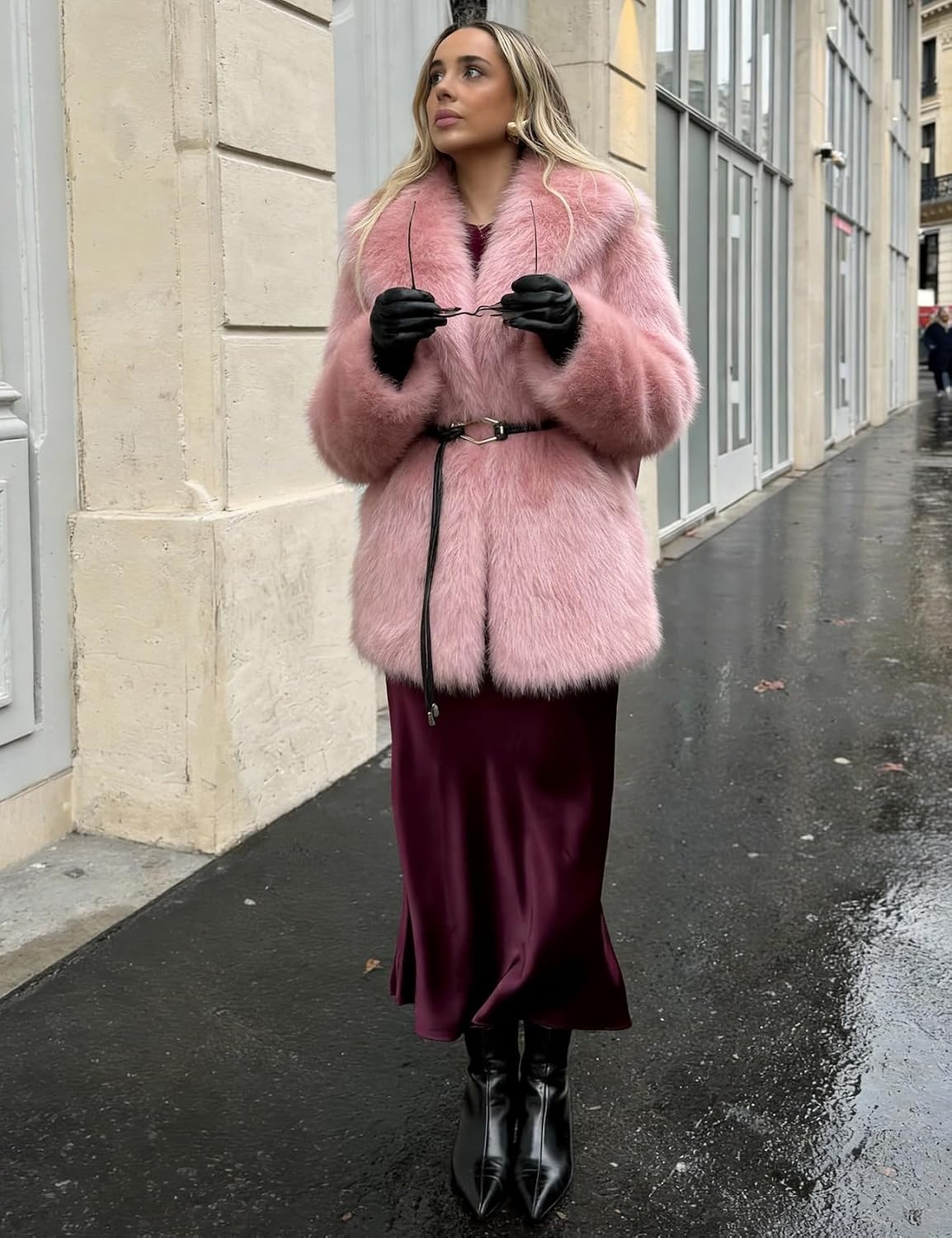 image:imagePEHMEA Womens Faux Fur Coat Winter Warm Fuzzy Belted Lapel Party JacketPink