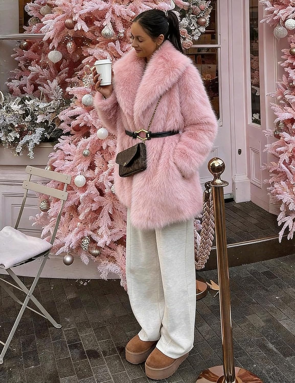 image:imagePEHMEA Womens Faux Fur Coat Winter Warm Fuzzy Belted Lapel Party JacketPink