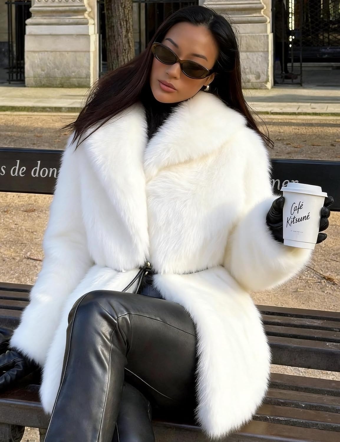 image:imagePEHMEA Womens Faux Fur Coat Winter Warm Fuzzy Belted Lapel Party JacketWhite