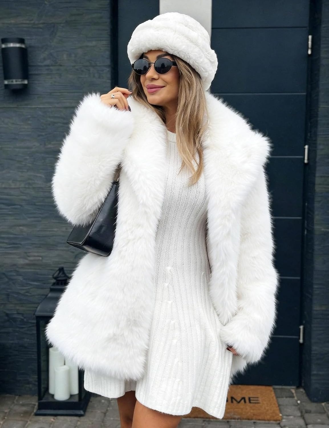 image:imagePEHMEA Womens Faux Fur Coat Winter Warm Fuzzy Belted Lapel Party JacketWhite