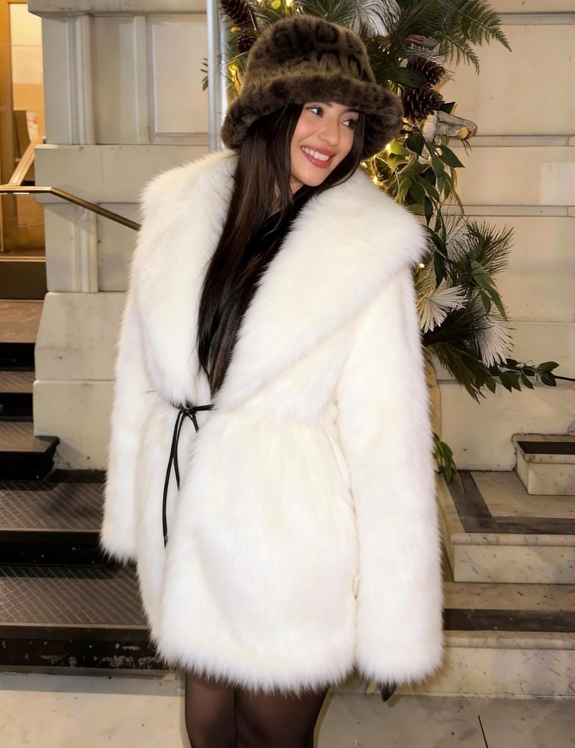 image:imagePEHMEA Womens Faux Fur Coat Winter Warm Fuzzy Belted Lapel Party JacketWhite