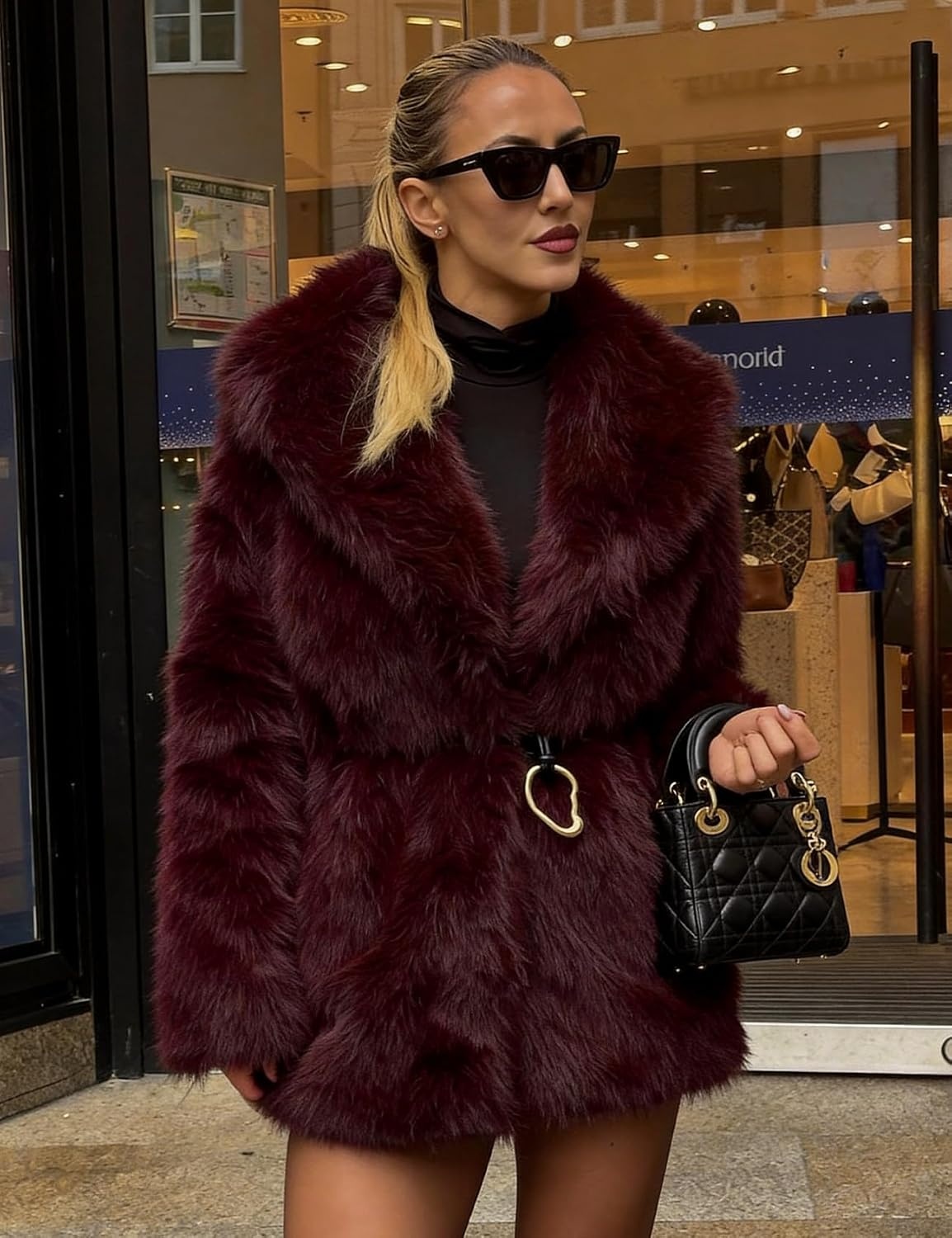 image:imagePEHMEA Womens Faux Fur Coat Winter Warm Fuzzy Belted Lapel Party JacketWinered
