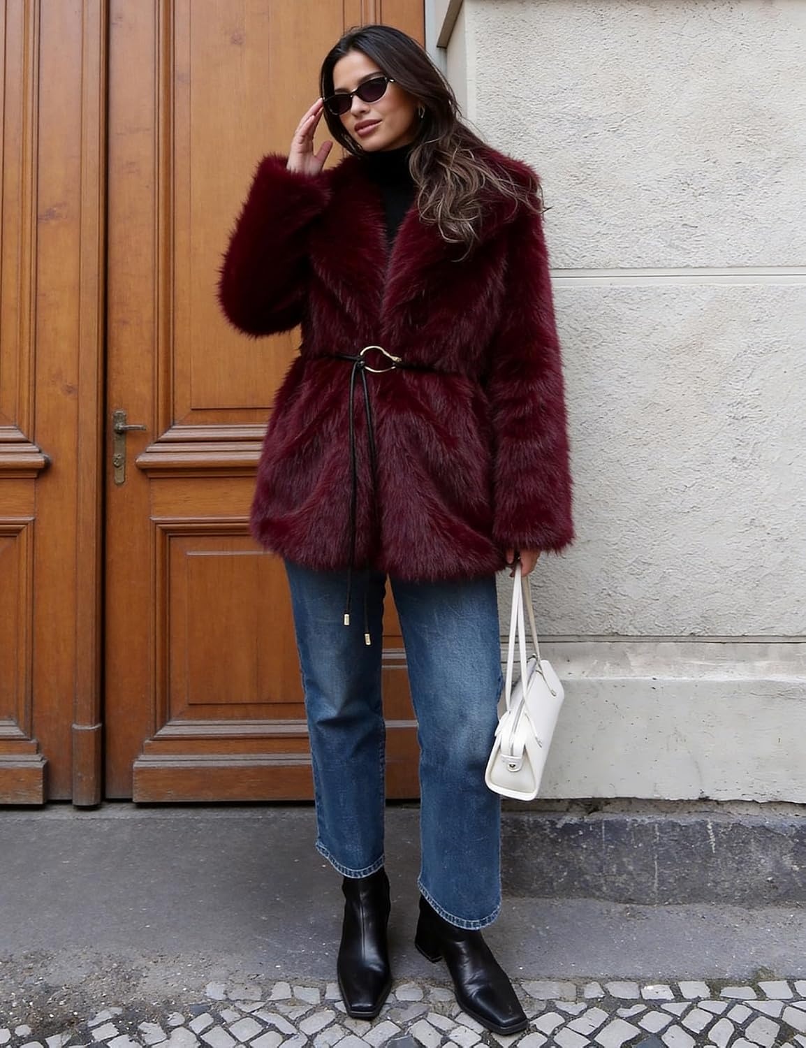 image:imagePEHMEA Womens Faux Fur Coat Winter Warm Fuzzy Belted Lapel Party JacketWinered