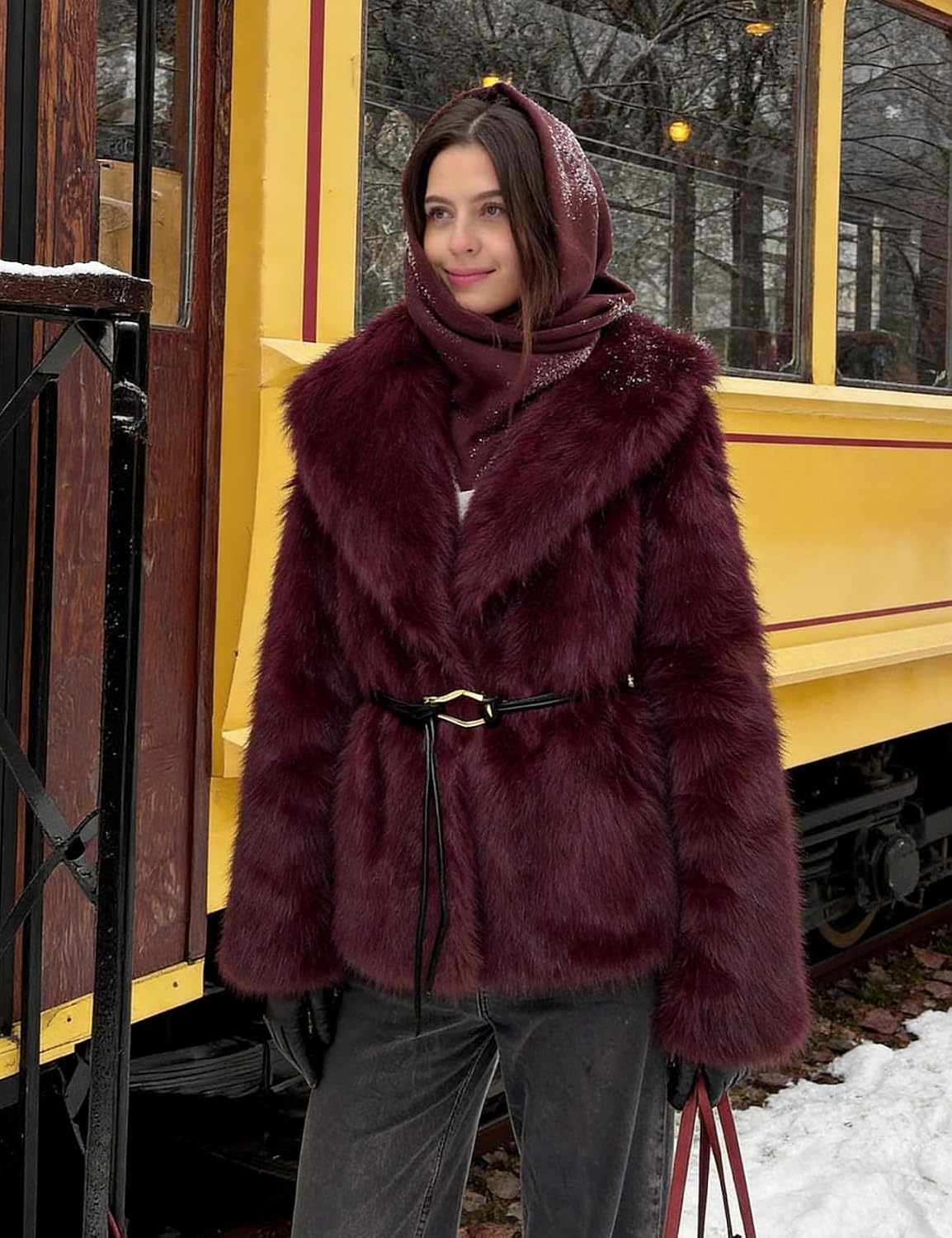 image:imagePEHMEA Womens Faux Fur Coat Winter Warm Fuzzy Belted Lapel Party JacketWinered