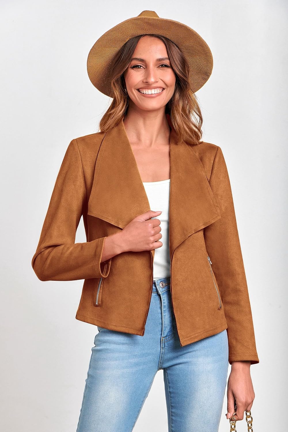 image:imagePRETTYGARDEN Womens Fall Fashion Faux Suede JacketsBrown