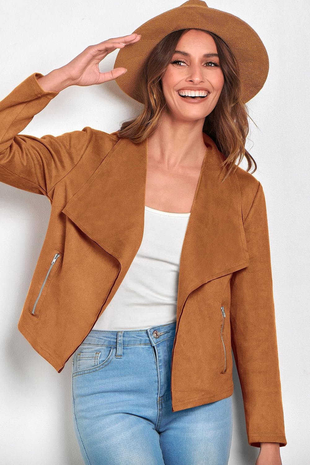 image:imagePRETTYGARDEN Womens Fall Fashion Faux Suede JacketsBrown