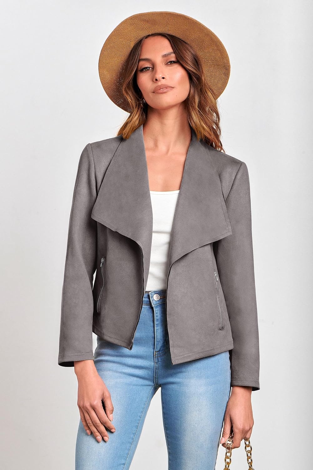 image:imagePRETTYGARDEN Womens Fall Fashion Faux Suede JacketsGrey