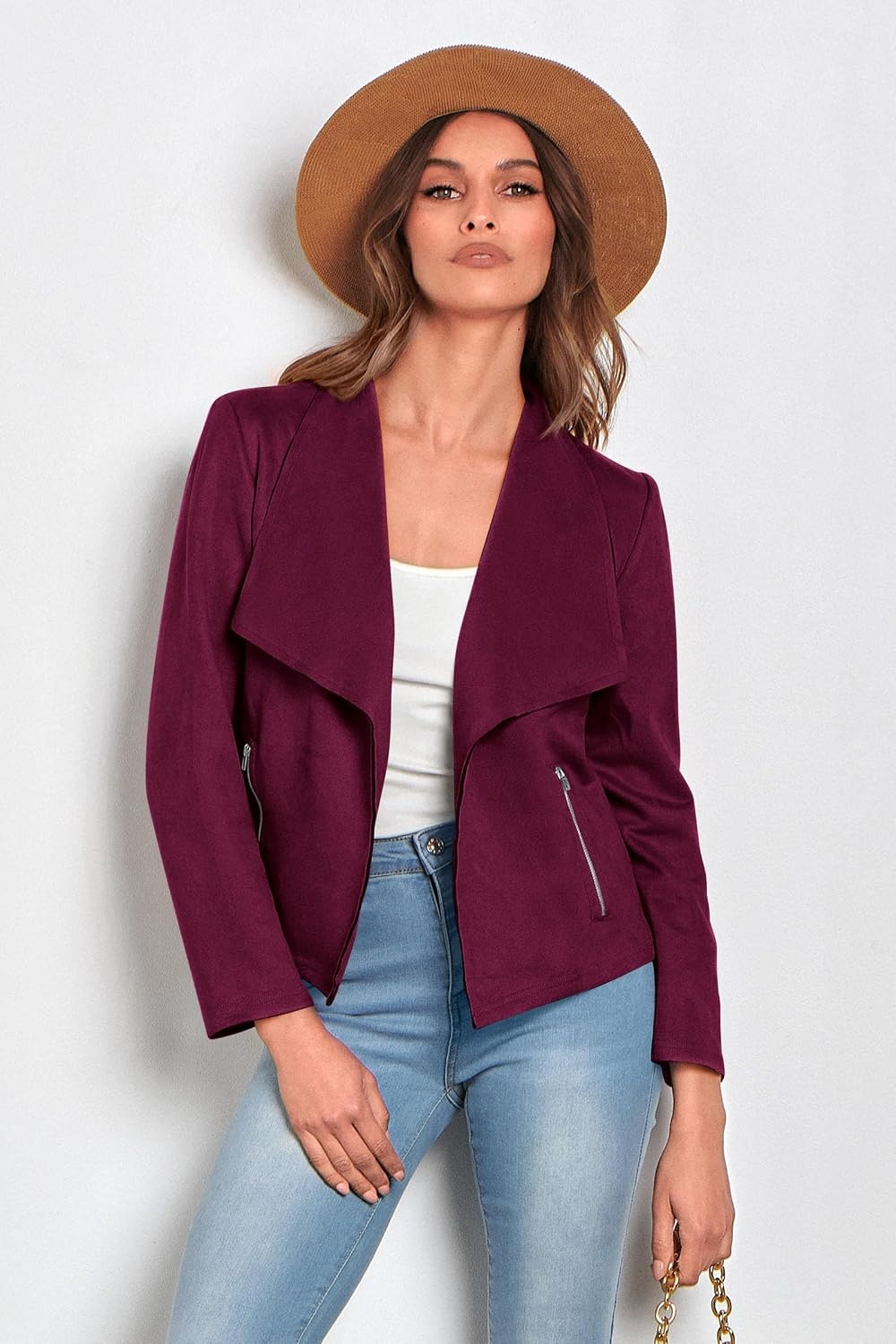 image:imagePRETTYGARDEN Womens Fall Fashion Faux Suede JacketsPurple Red