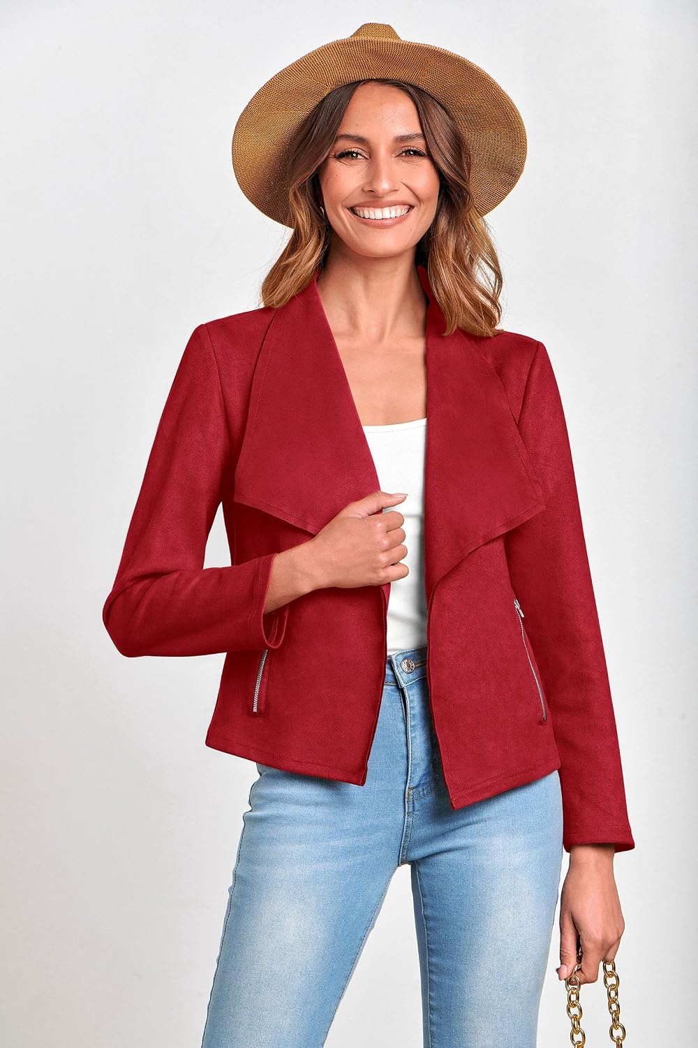 image:imagePRETTYGARDEN Womens Fall Fashion Faux Suede JacketsRed