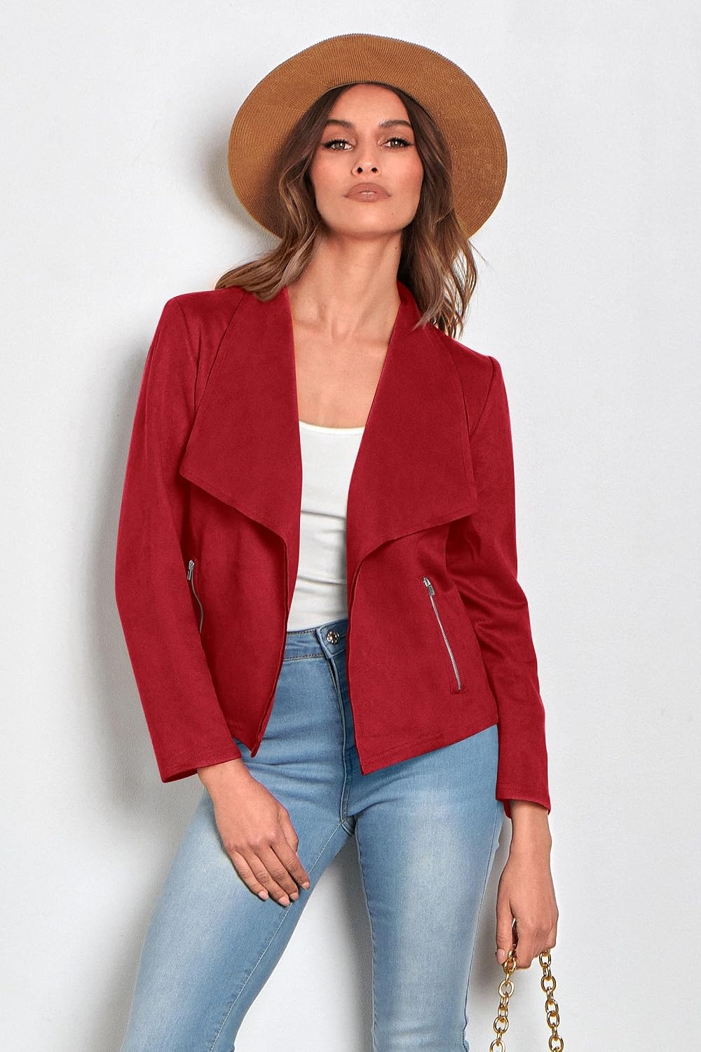 image:imagePRETTYGARDEN Womens Fall Fashion Faux Suede JacketsRed