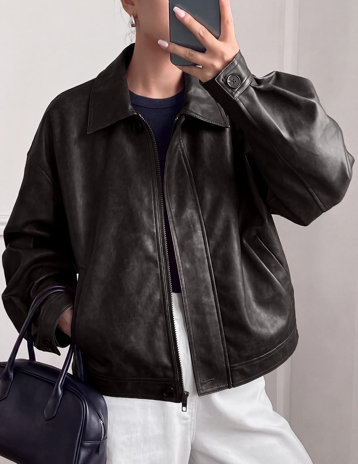 image:imagePRETTYGARDEN Womens Faux Leather Oversized Motorcycle JacketsBlack