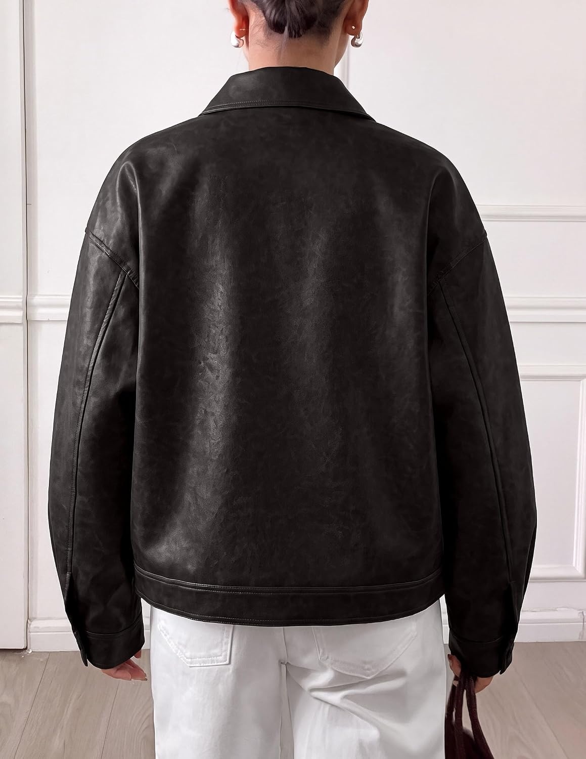 image:imagePRETTYGARDEN Womens Faux Leather Oversized Motorcycle JacketsBlack