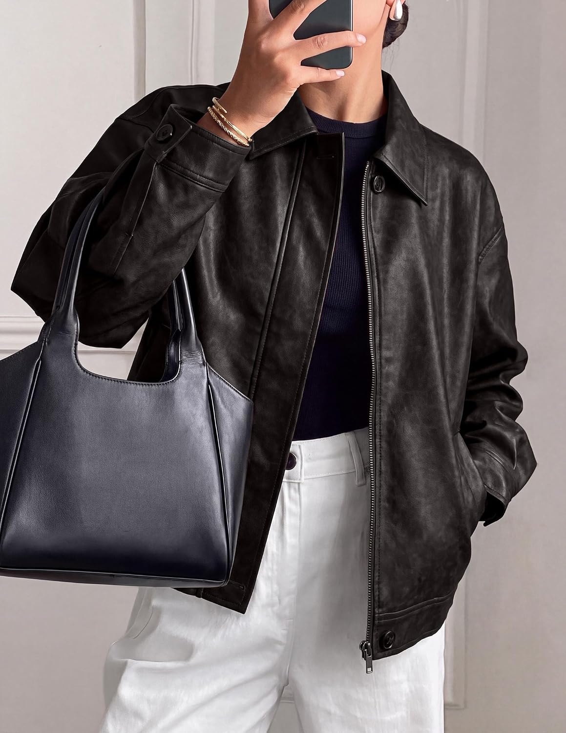 image:imagePRETTYGARDEN Womens Faux Leather Oversized Motorcycle JacketsBlack