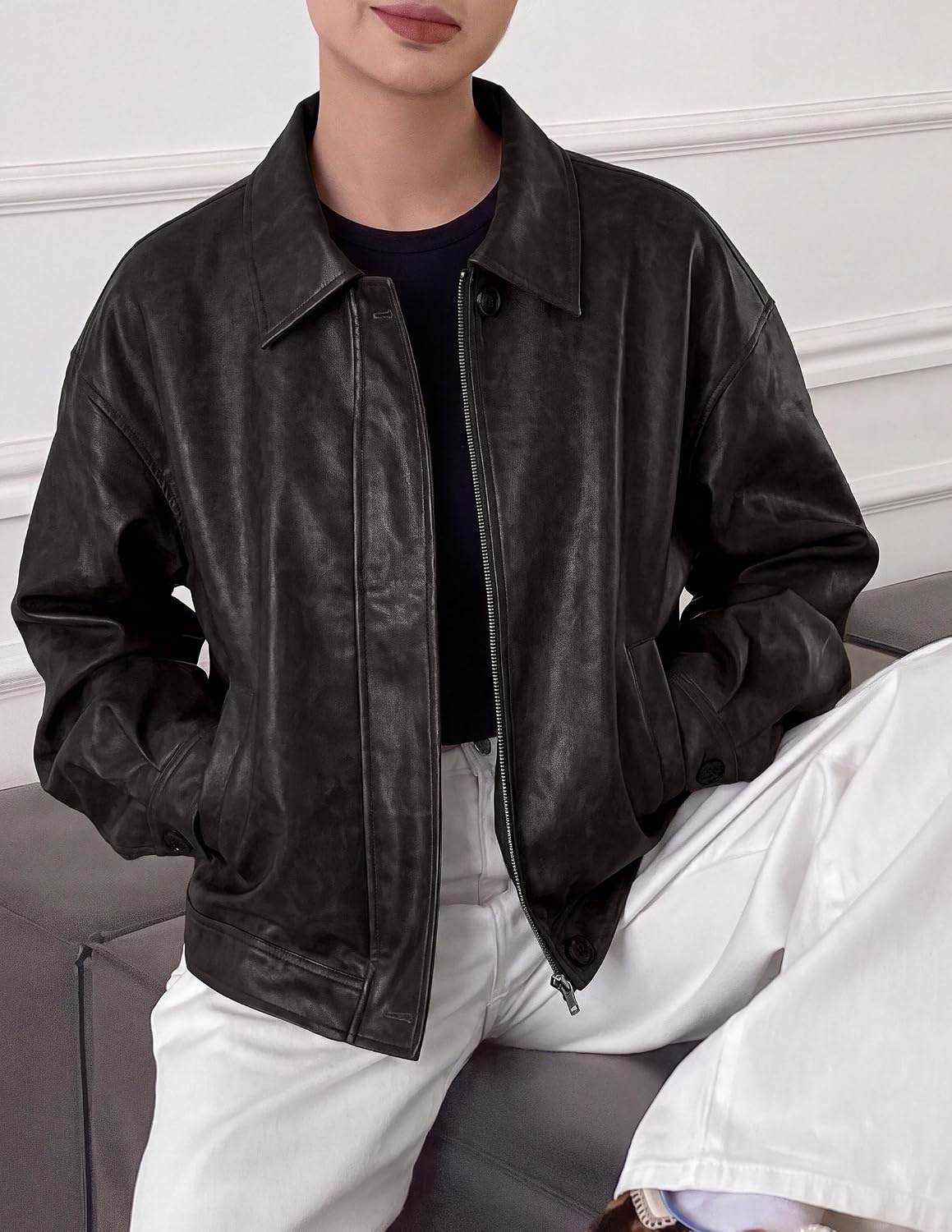 image:imagePRETTYGARDEN Womens Faux Leather Oversized Motorcycle JacketsBlack