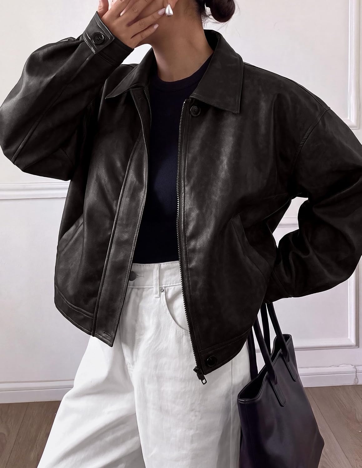 image:imagePRETTYGARDEN Womens Faux Leather Oversized Motorcycle JacketsBlack