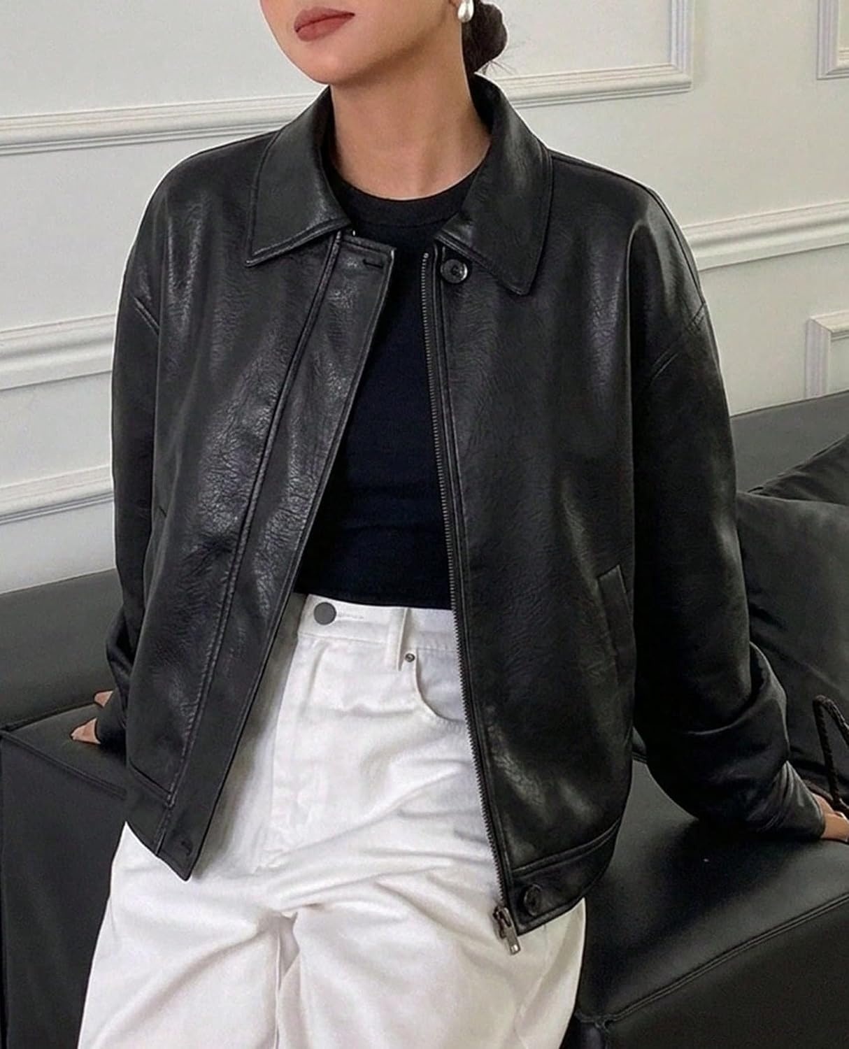 image:imagePRETTYGARDEN Womens Faux Leather Oversized Motorcycle JacketsBlack