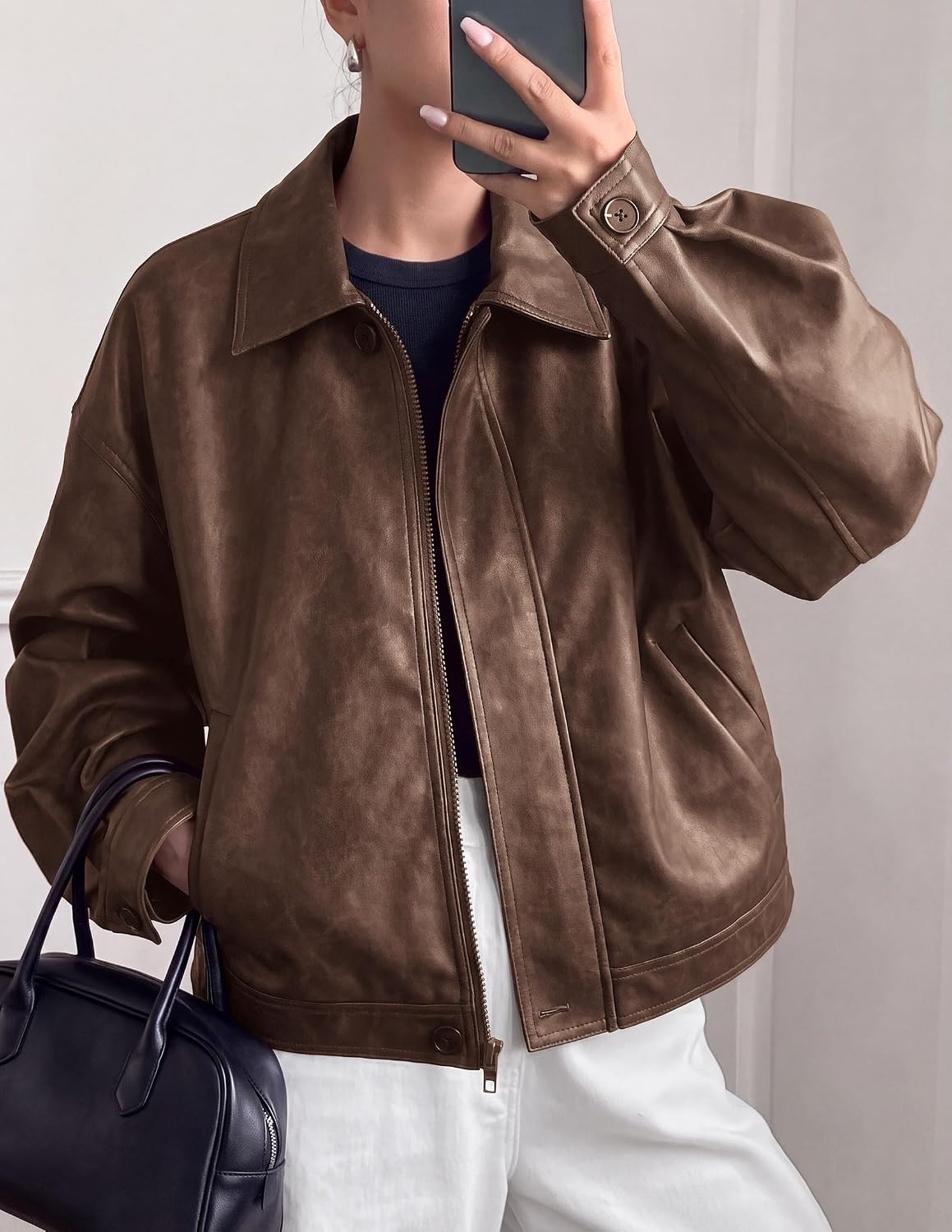 image:imagePRETTYGARDEN Womens Faux Leather Oversized Motorcycle JacketsBrown