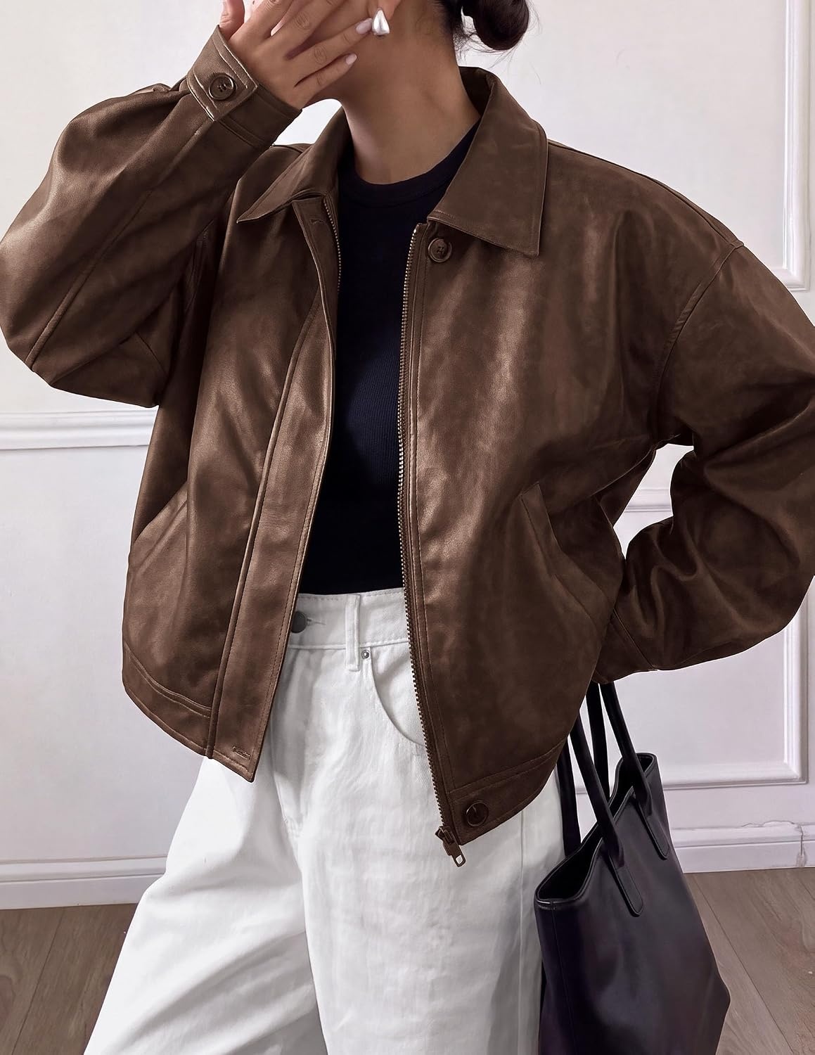image:imagePRETTYGARDEN Womens Faux Leather Oversized Motorcycle JacketsBrown