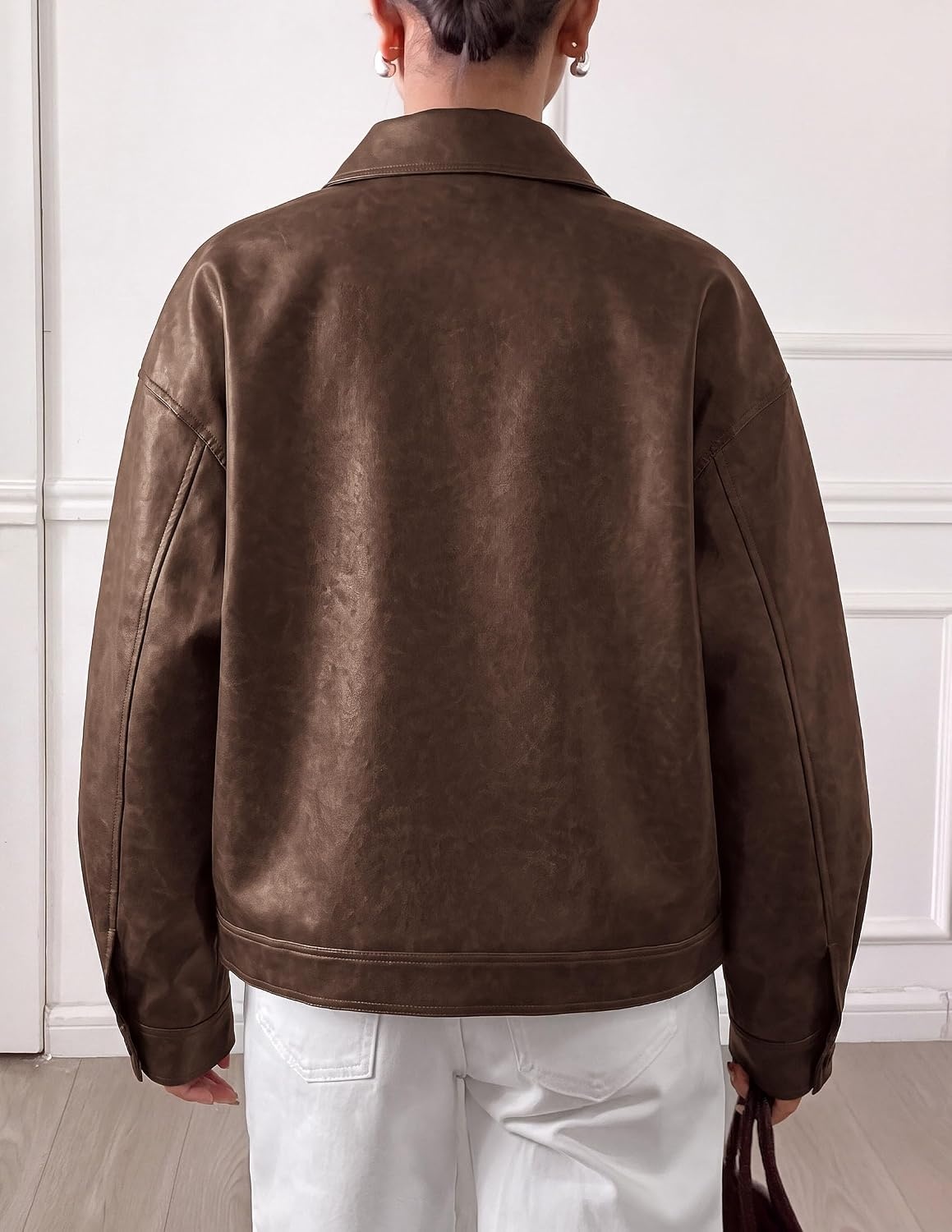 image:imagePRETTYGARDEN Womens Faux Leather Oversized Motorcycle JacketsBrown
