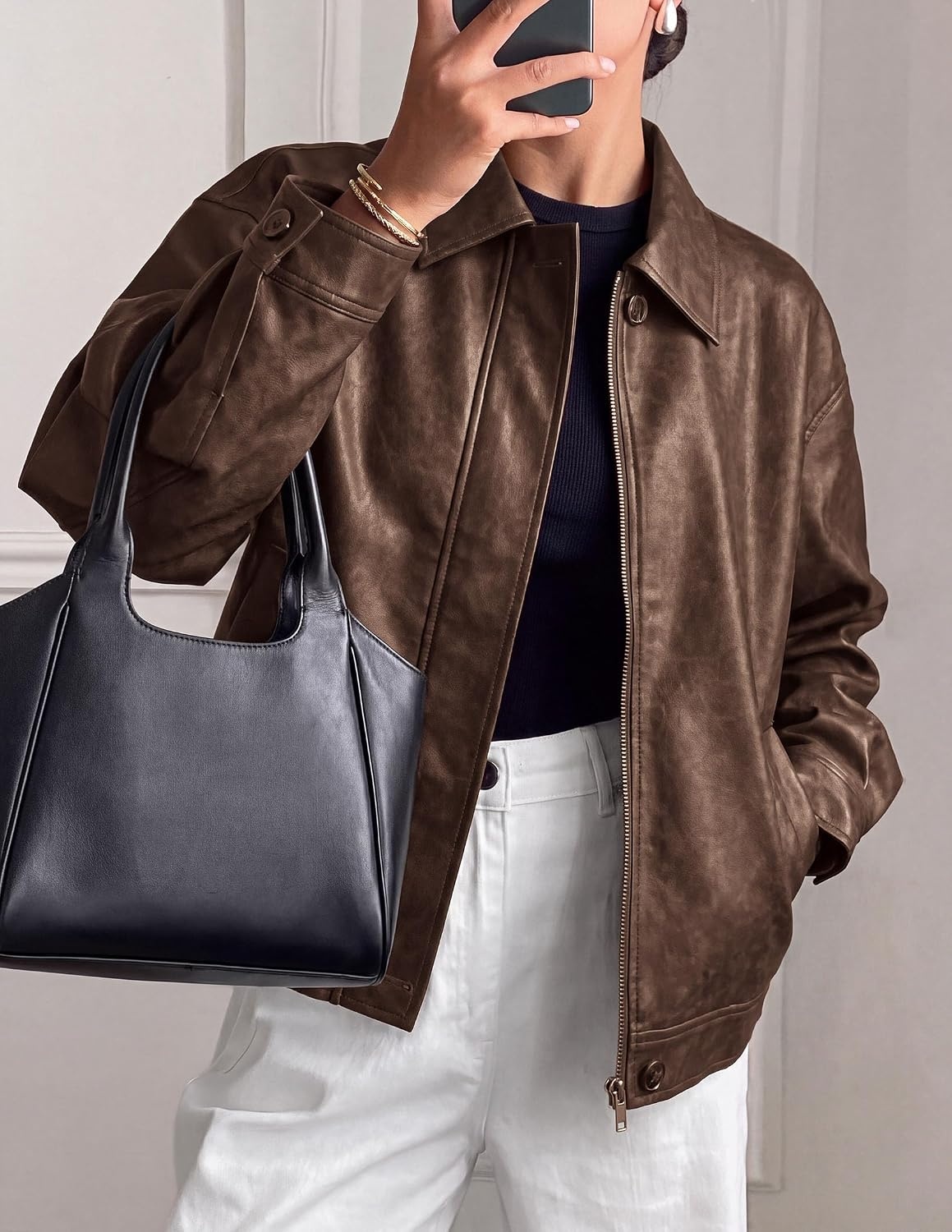 image:imagePRETTYGARDEN Womens Faux Leather Oversized Motorcycle JacketsBrown